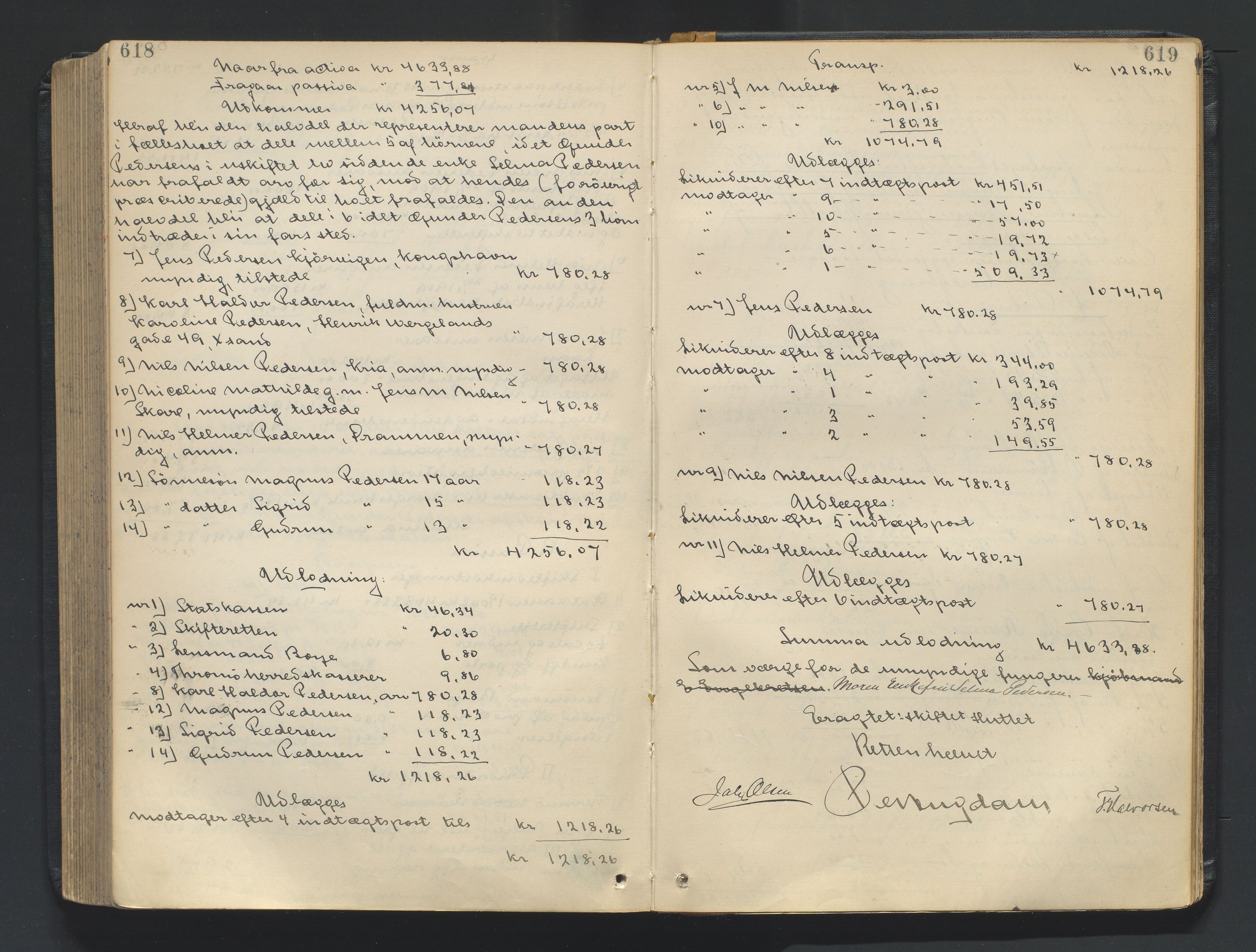 Nedenes sorenskriveri, AV/SAK-1221-0006/H/Hc/L0020: Skifteutlodningsprotokoll nr 6 med register, 1904-1913, s. 618-619