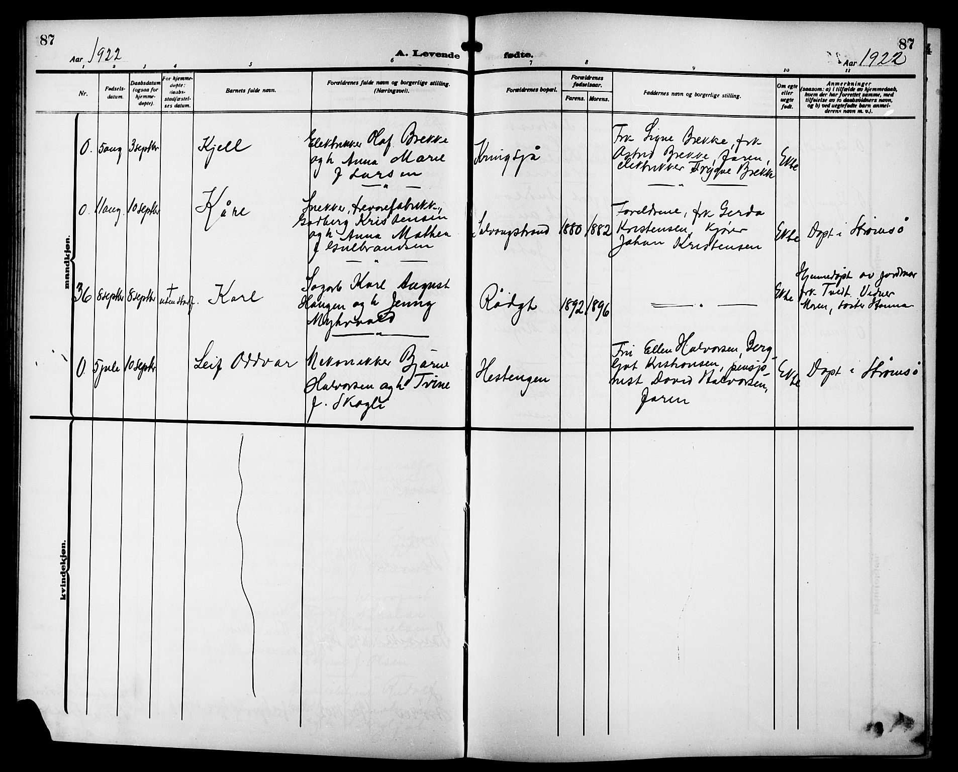 Strømsgodset kirkebøker, AV/SAKO-A-324/G/Ga/L0003: Klokkerbok nr. 3, 1911-1926, s. 87