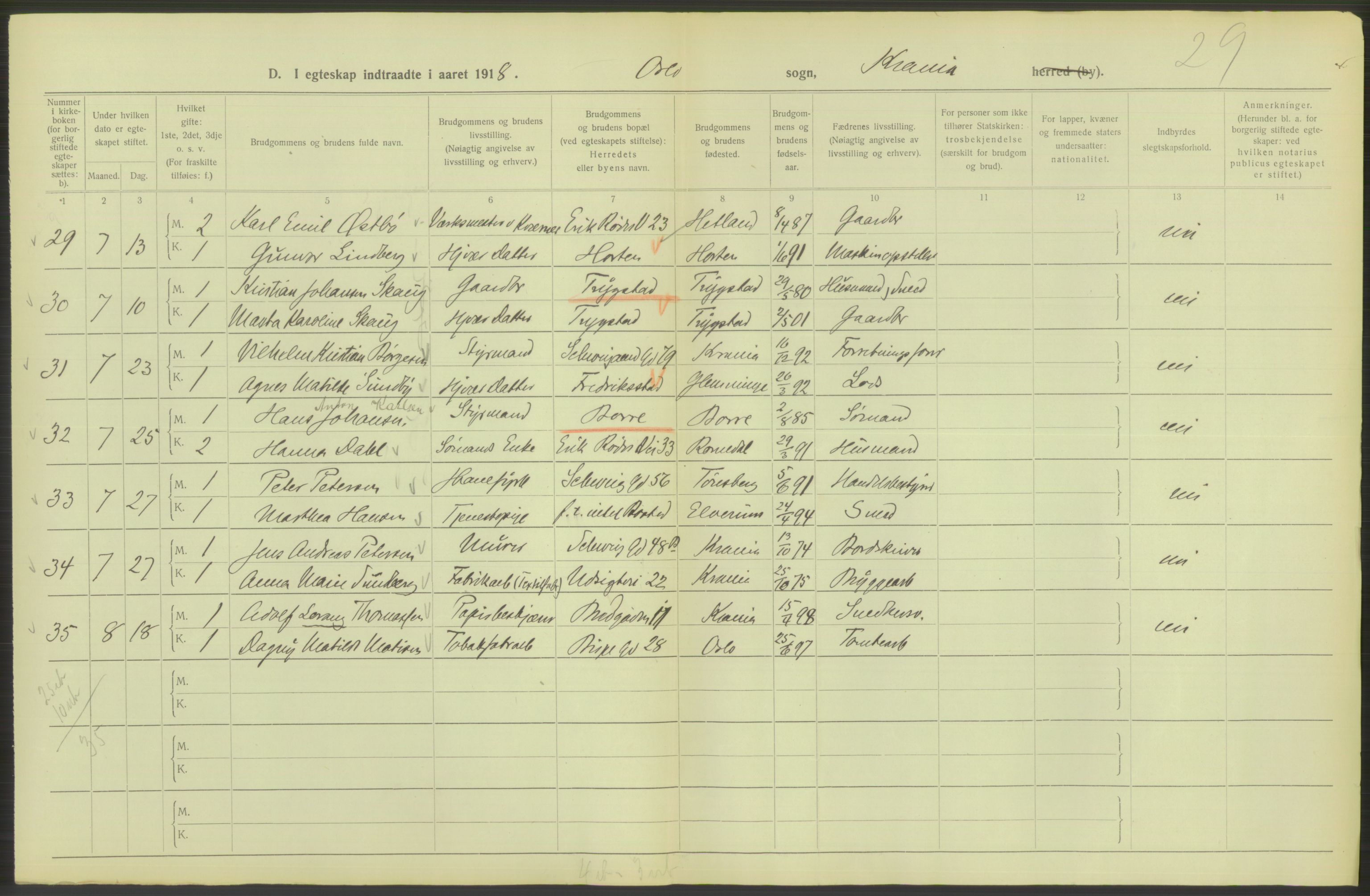 Statistisk sentralbyrå, Sosiodemografiske emner, Befolkning, AV/RA-S-2228/D/Df/Dfb/Dfbh/L0009: Kristiania: Gifte, 1918, s. 972