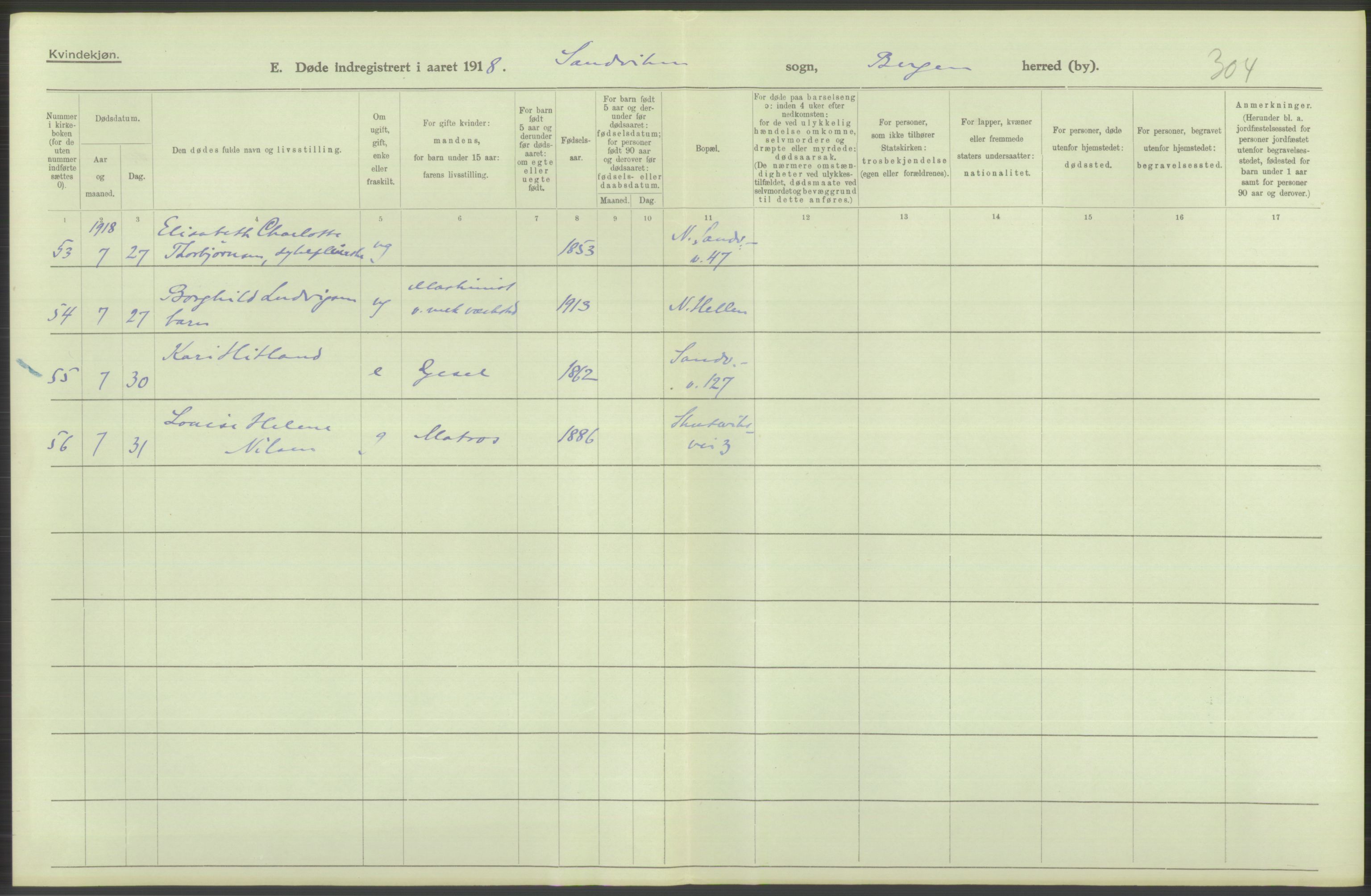 Statistisk sentralbyrå, Sosiodemografiske emner, Befolkning, AV/RA-S-2228/D/Df/Dfb/Dfbh/L0039: Bergen: Døde., 1918, s. 360