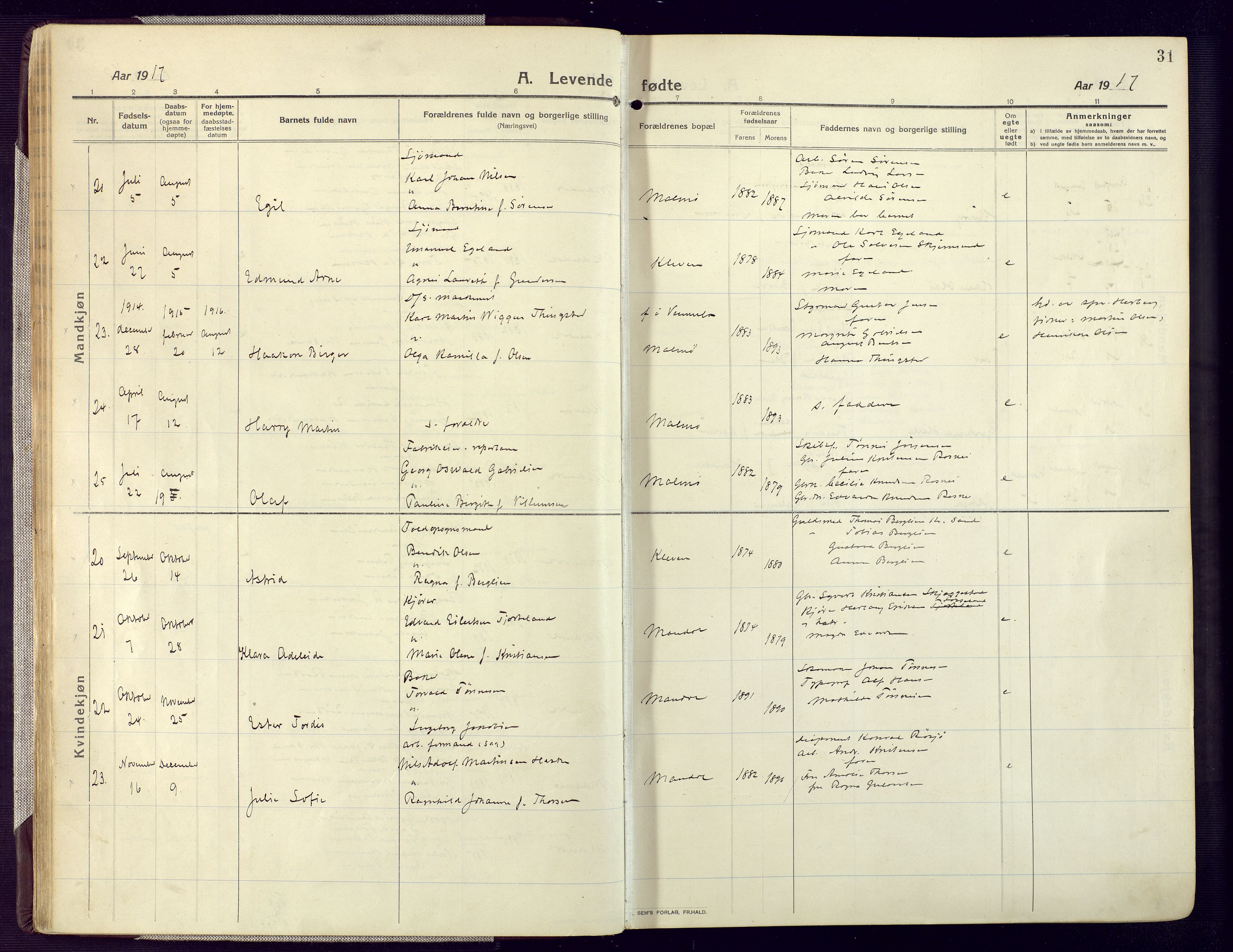 Mandal sokneprestkontor, AV/SAK-1111-0030/F/Fa/Fac/L0001: Ministerialbok nr. A 1, 1913-1925, s. 31