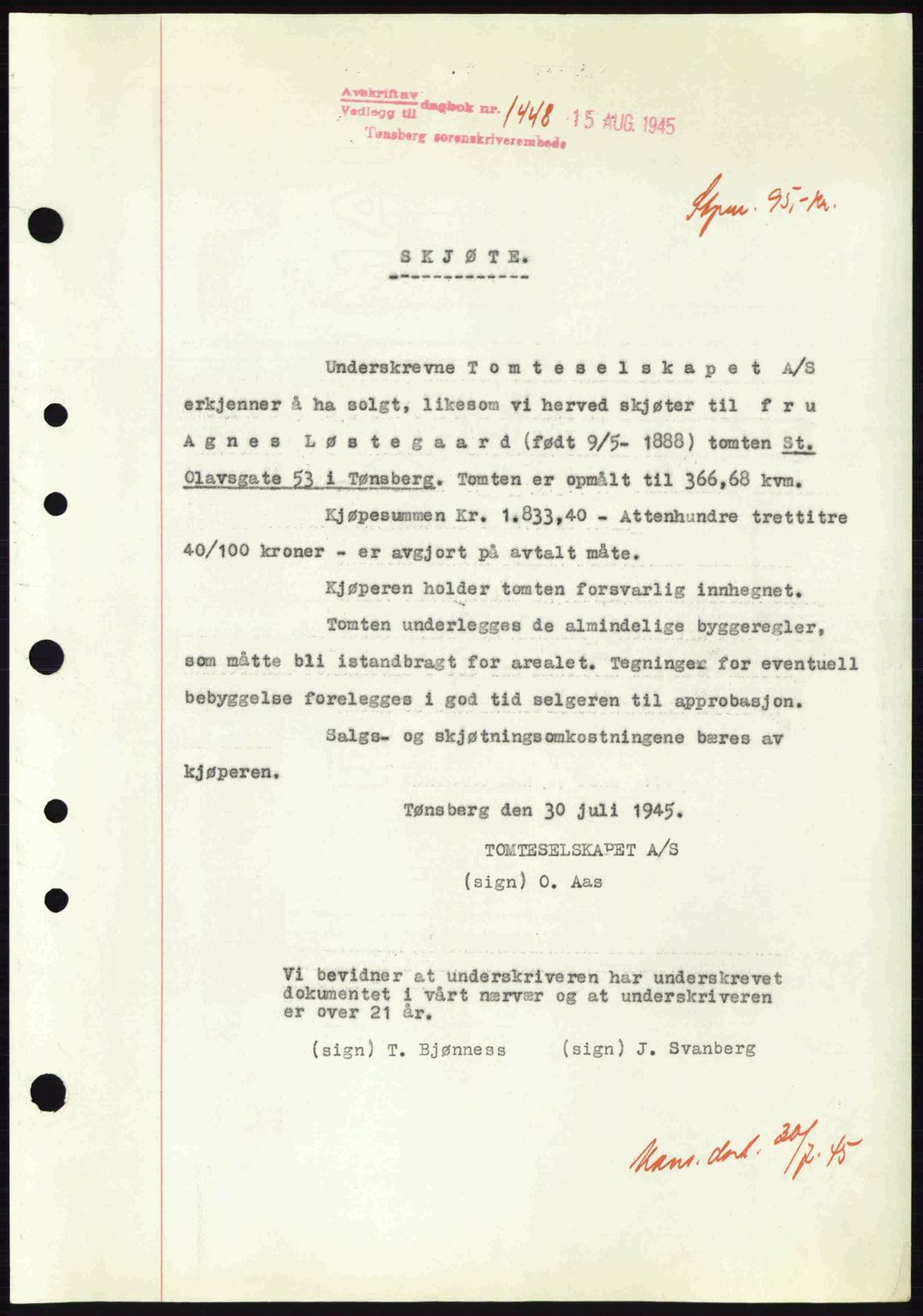 Tønsberg sorenskriveri, AV/SAKO-A-130/G/Ga/Gaa/L0017a: Pantebok nr. A17a, 1945-1945, Dagboknr: 1448/1945