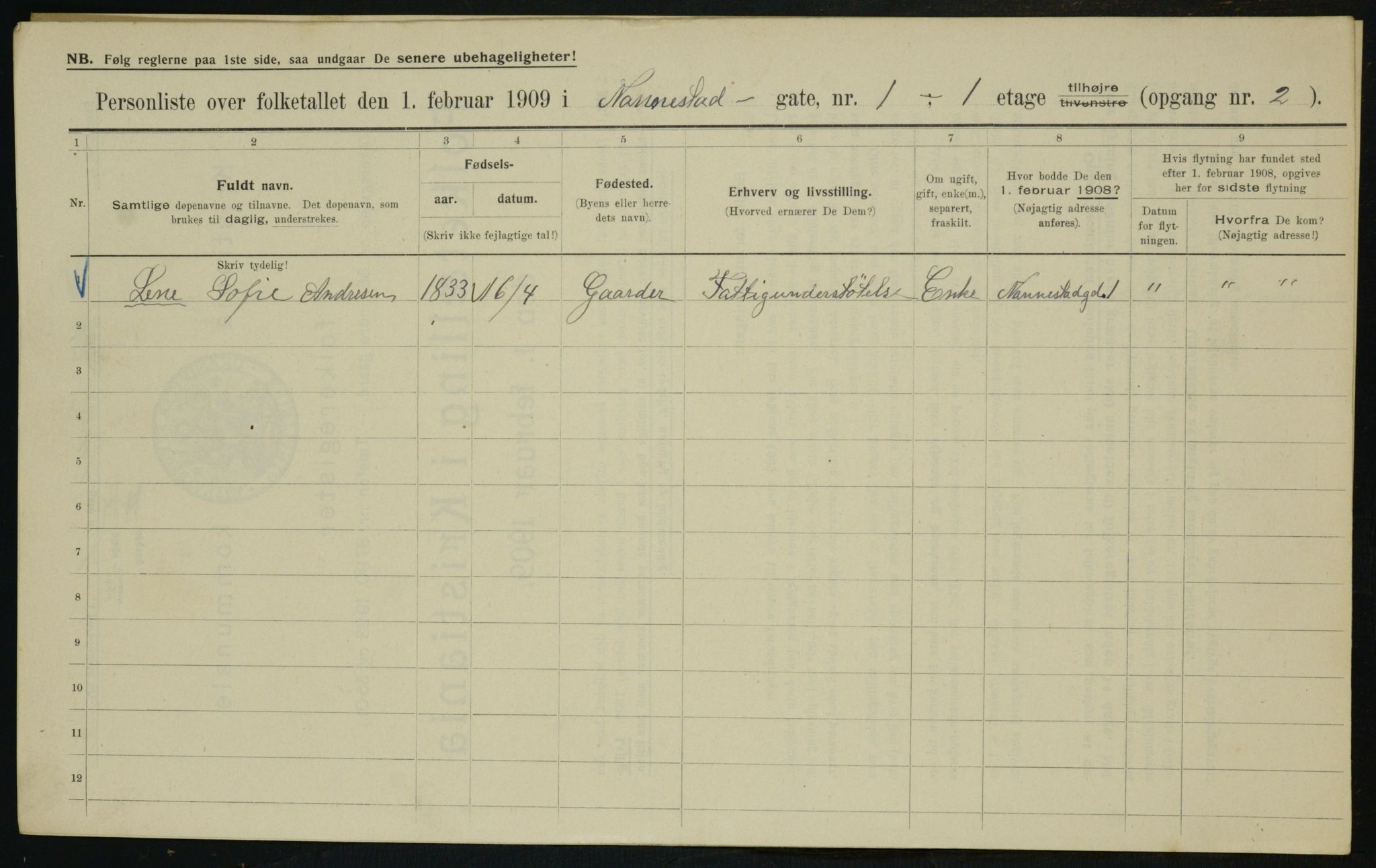 OBA, Kommunal folketelling 1.2.1909 for Kristiania kjøpstad, 1909, s. 62565