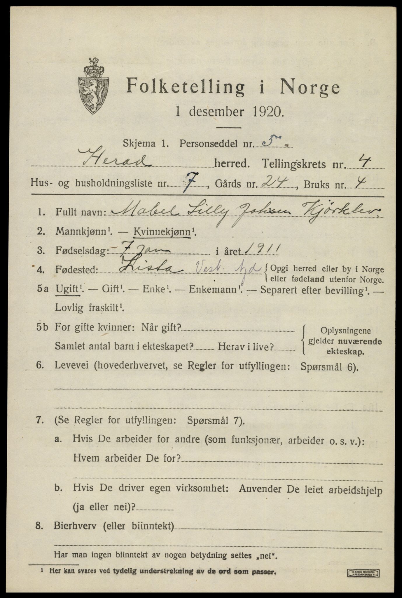 SAK, Folketelling 1920 for 1039 Herad herred, 1920, s. 1796
