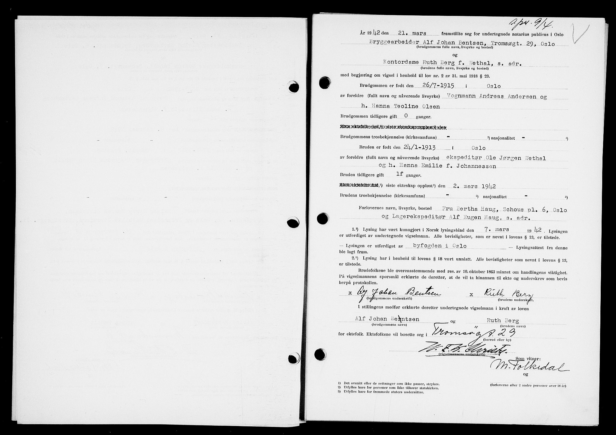 Oslo byfogd avd. I, AV/SAO-A-10220/L/Lb/Lbb/L0039: Notarialprotokoll, rekke II: Vigsler, 1942