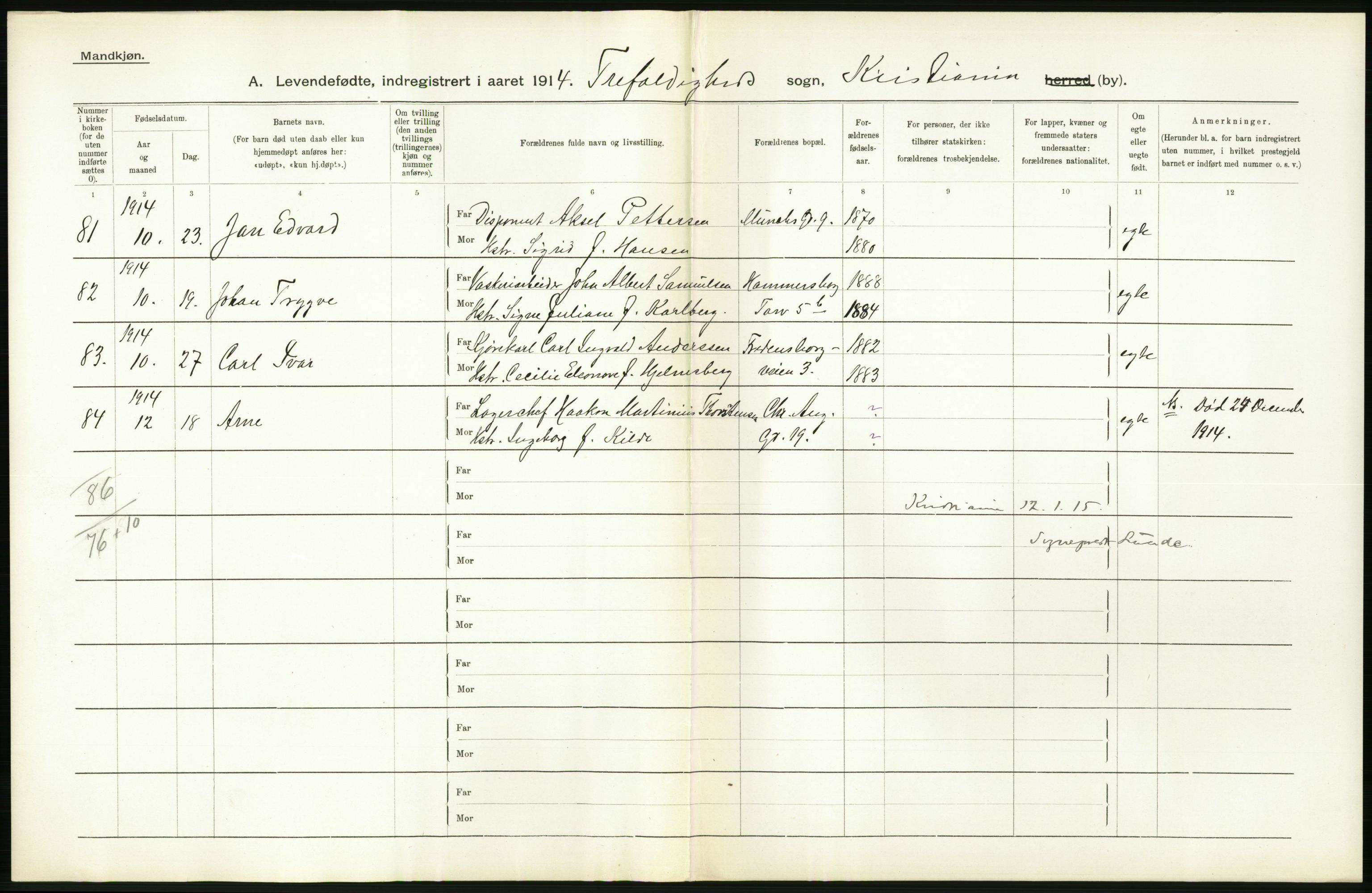 Statistisk sentralbyrå, Sosiodemografiske emner, Befolkning, RA/S-2228/D/Df/Dfb/Dfbd/L0006: Kristiania: Levendefødte menn og kvinner., 1914, s. 206