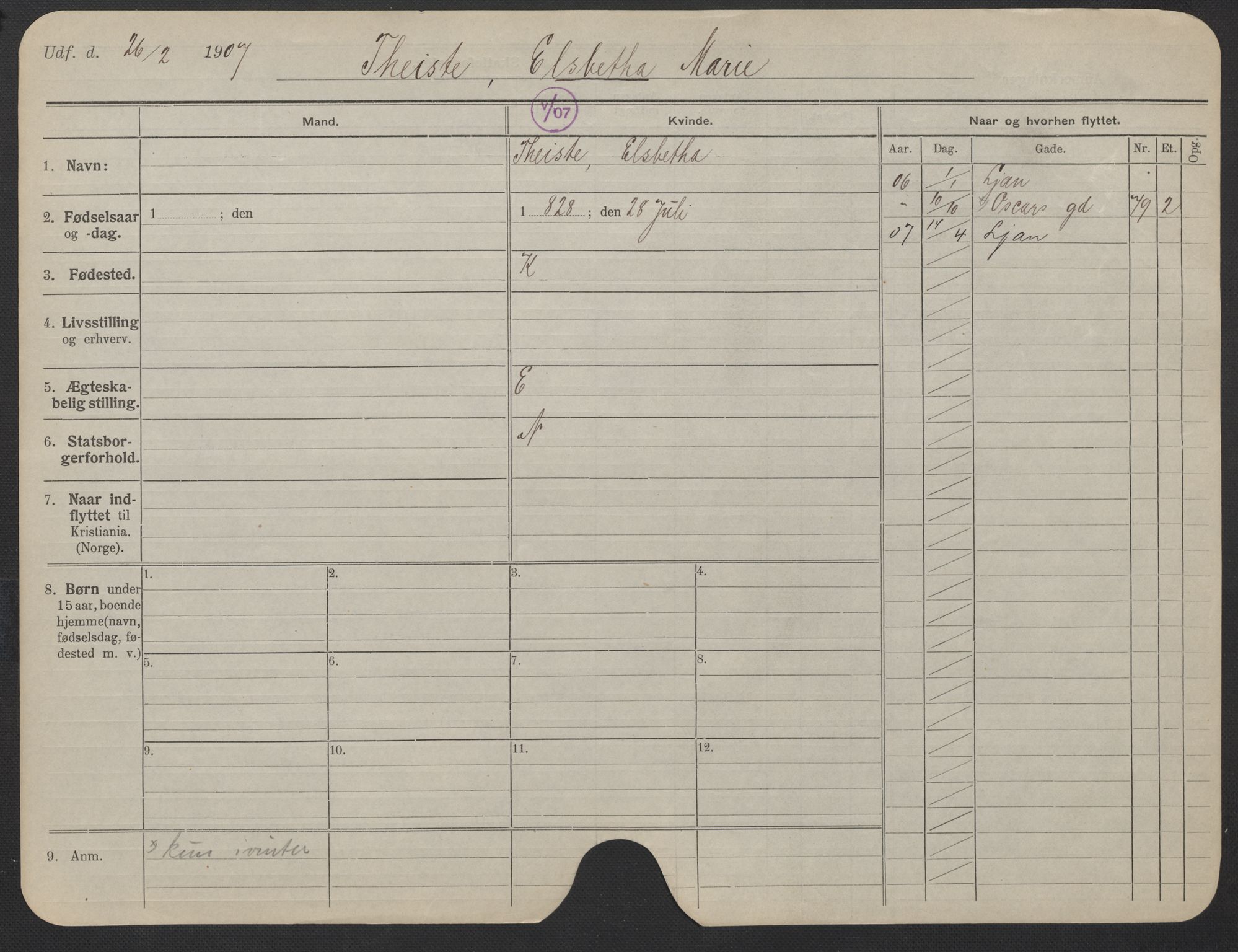 Oslo folkeregister, Registerkort, AV/SAO-A-11715/F/Fa/Fac/L0024: Kvinner, 1906-1914, s. 1056a
