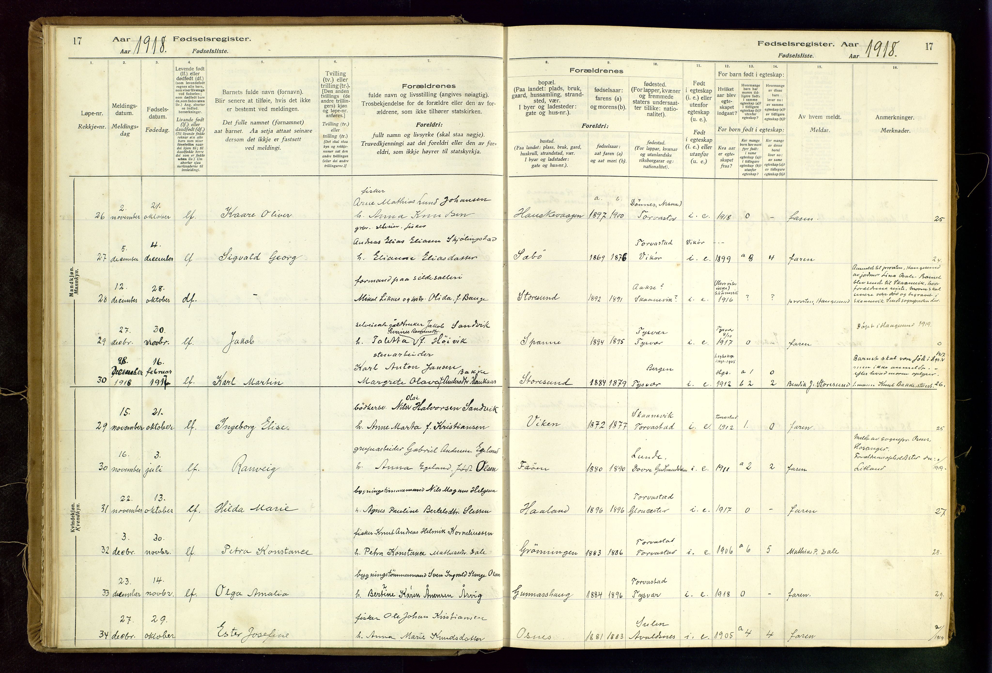 Torvastad sokneprestkontor, AV/SAST-A -101857/I/Id/L0002: Fødselsregister nr. 2, 1916-1950, s. 17