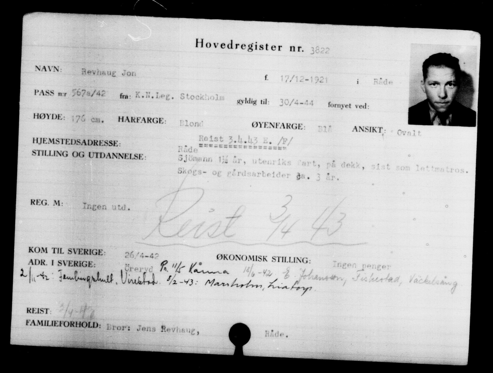 Utenriksstasjonene, Legasjonen i Stockholm, Flyktningkontoret, AV/RA-S-6753/V/Va/L0004: Kjesäterkartoteket, flyktning nr. 3496-6610, 1940-1945, s. 380