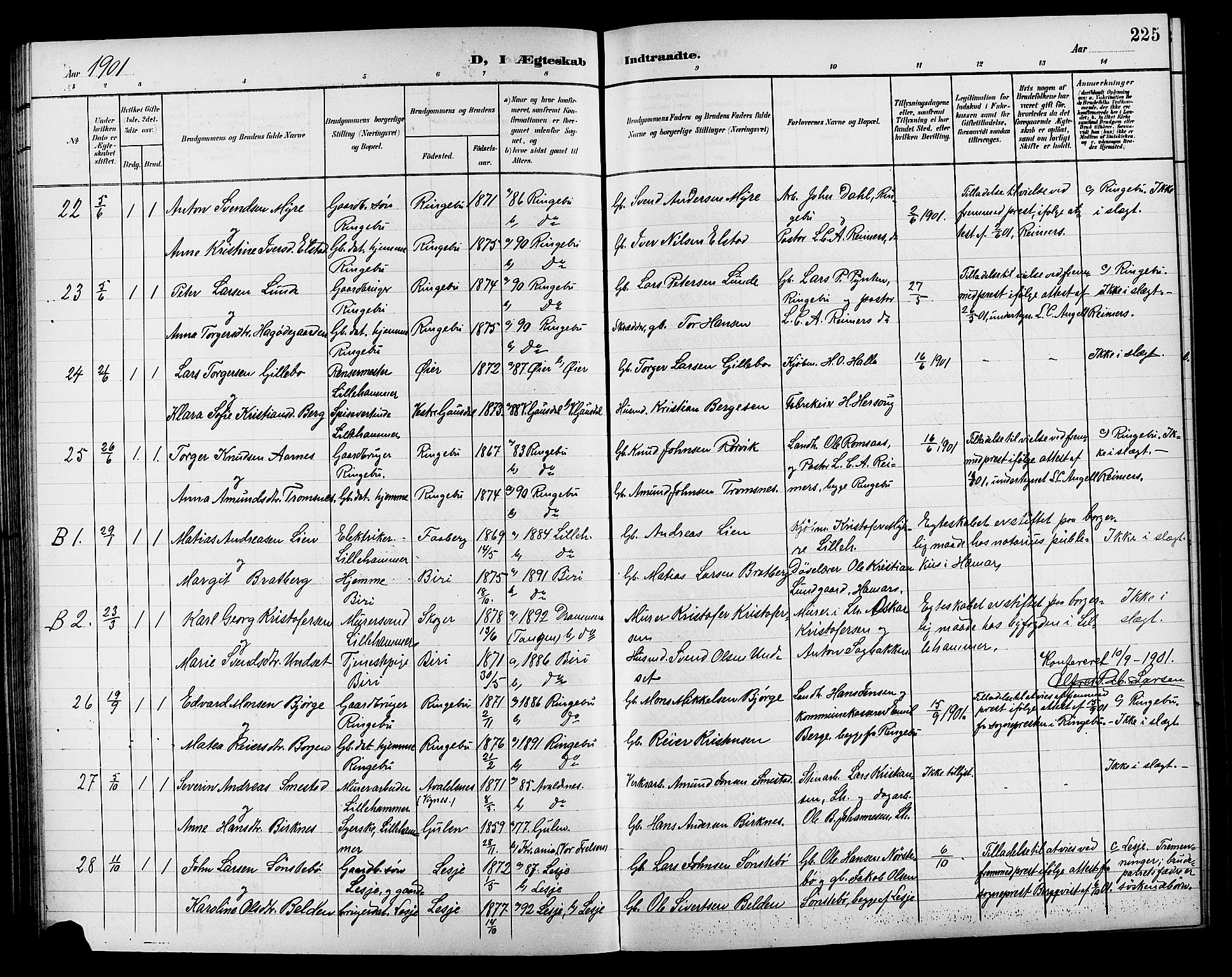 Lillehammer prestekontor, AV/SAH-PREST-088/H/Ha/Hab/L0001: Klokkerbok nr. 1, 1901-1913, s. 225