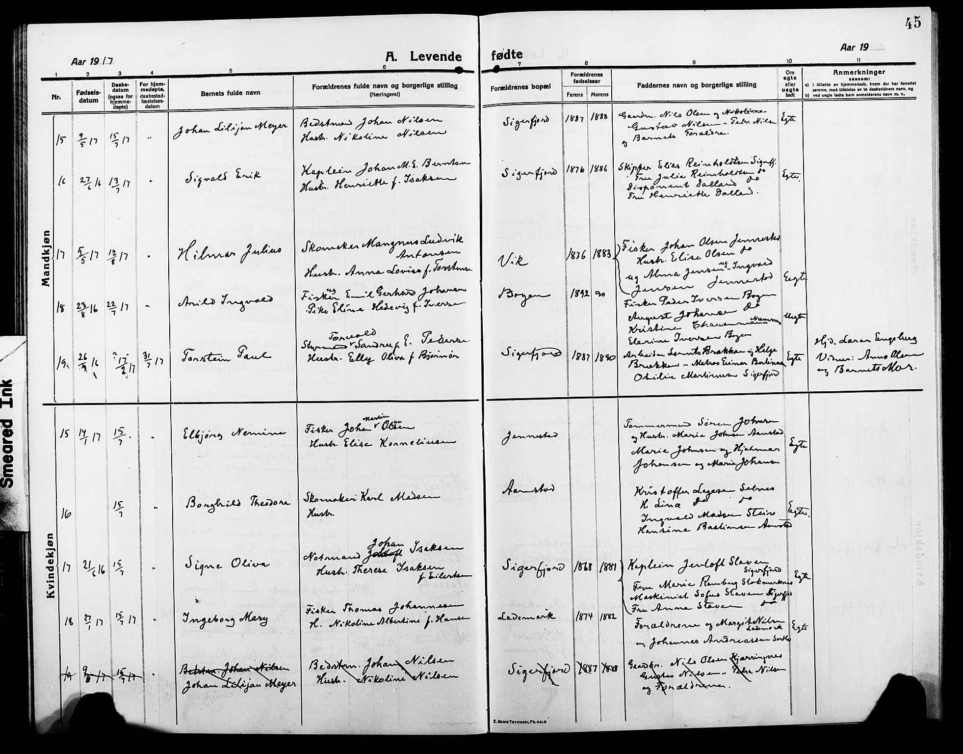 Ministerialprotokoller, klokkerbøker og fødselsregistre - Nordland, AV/SAT-A-1459/895/L1383: Klokkerbok nr. 895C05, 1913-1922, s. 45