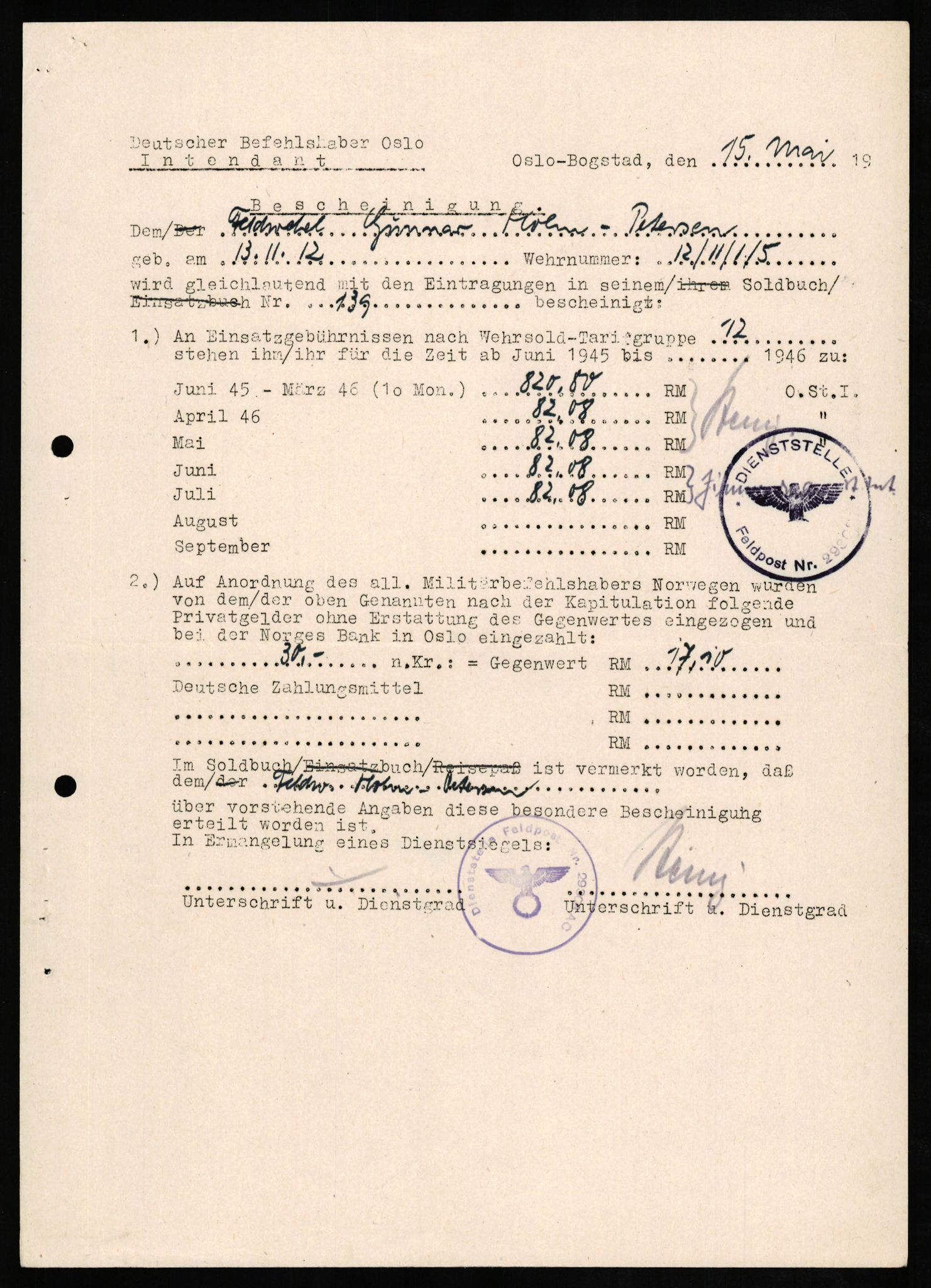Forsvaret, Forsvarets overkommando II, AV/RA-RAFA-3915/D/Db/L0013: CI Questionaires. Tyske okkupasjonsstyrker i Norge. Tyskere., 1945-1946, s. 412
