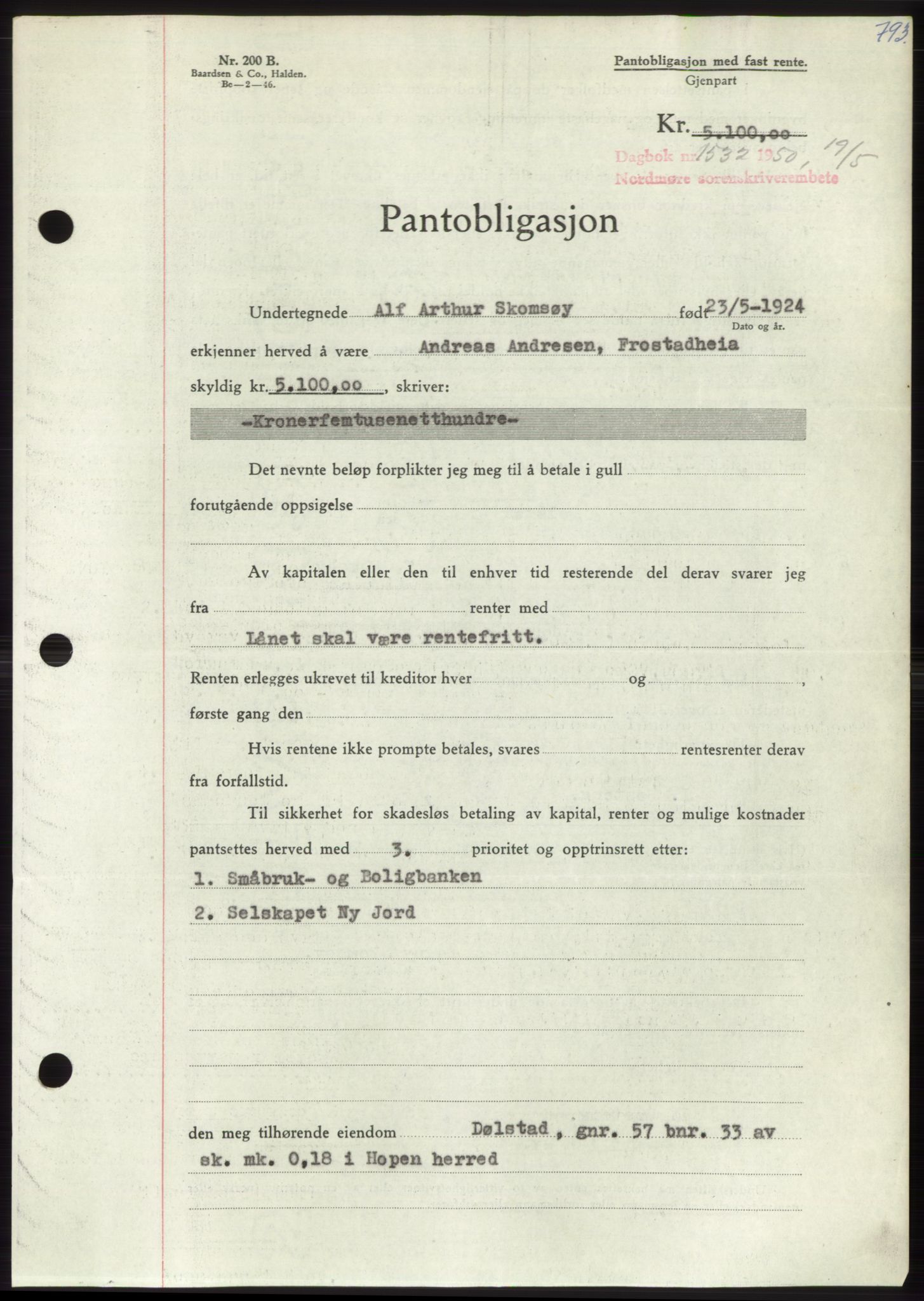 Nordmøre sorenskriveri, SAT/A-4132/1/2/2Ca: Pantebok nr. B104, 1950-1950, Dagboknr: 1532/1950