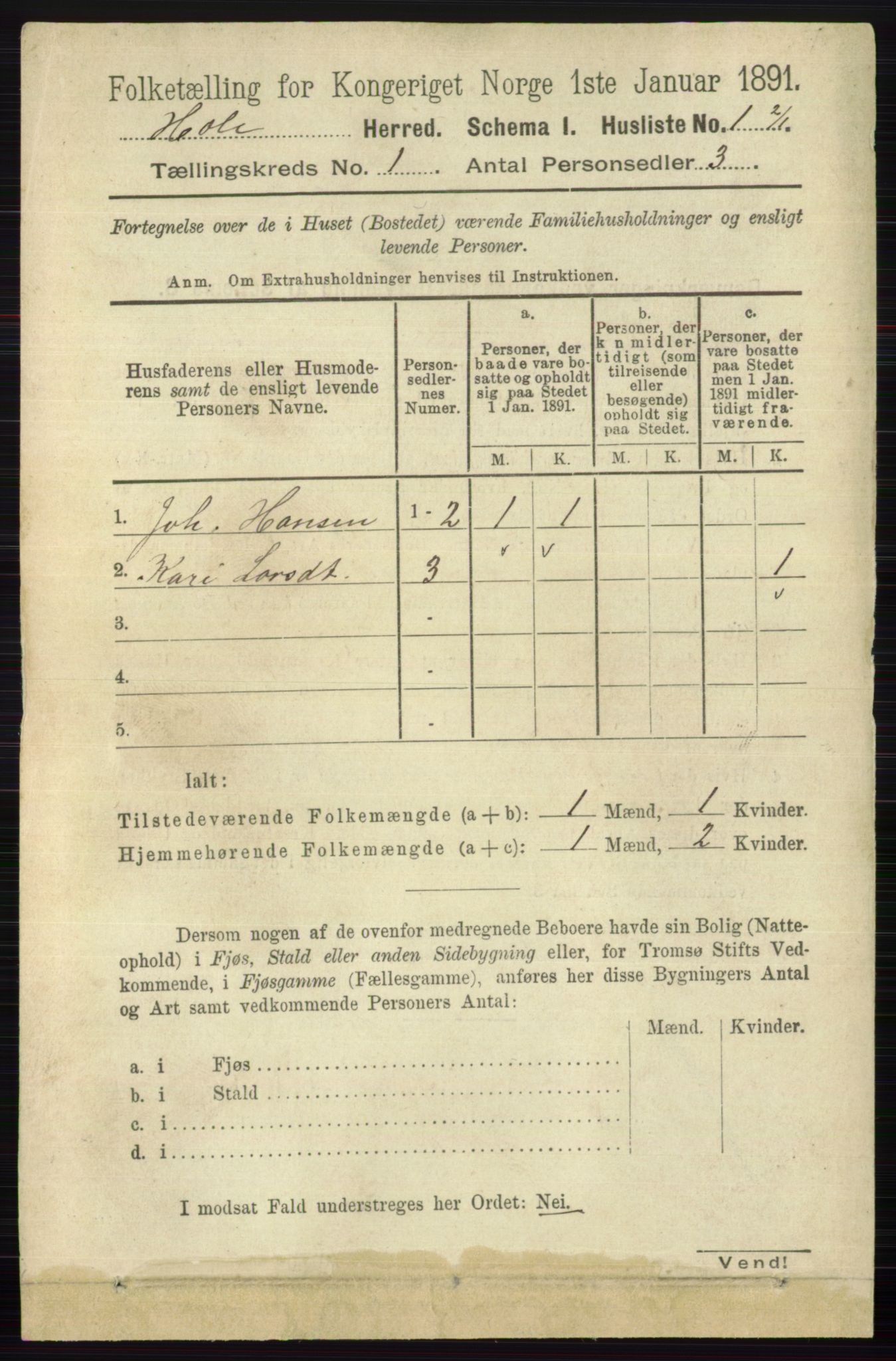 RA, Folketelling 1891 for 0612 Hole herred, 1891, s. 26