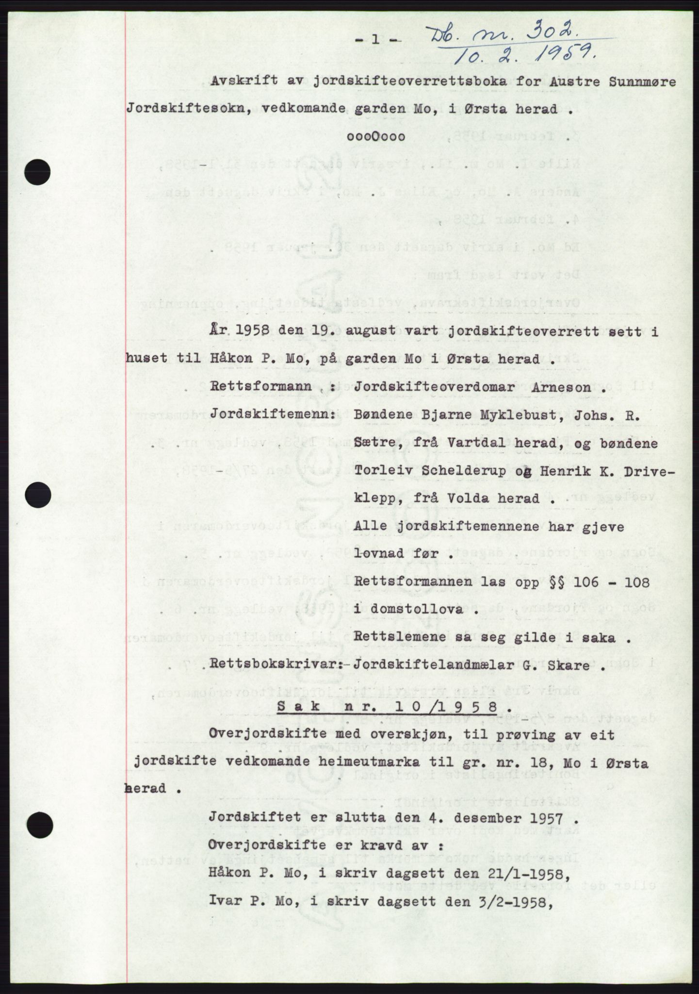 Søre Sunnmøre sorenskriveri, SAT/A-4122/1/2/2C/L0111: Pantebok nr. 37A, 1958-1959, Dagboknr: 302/1959