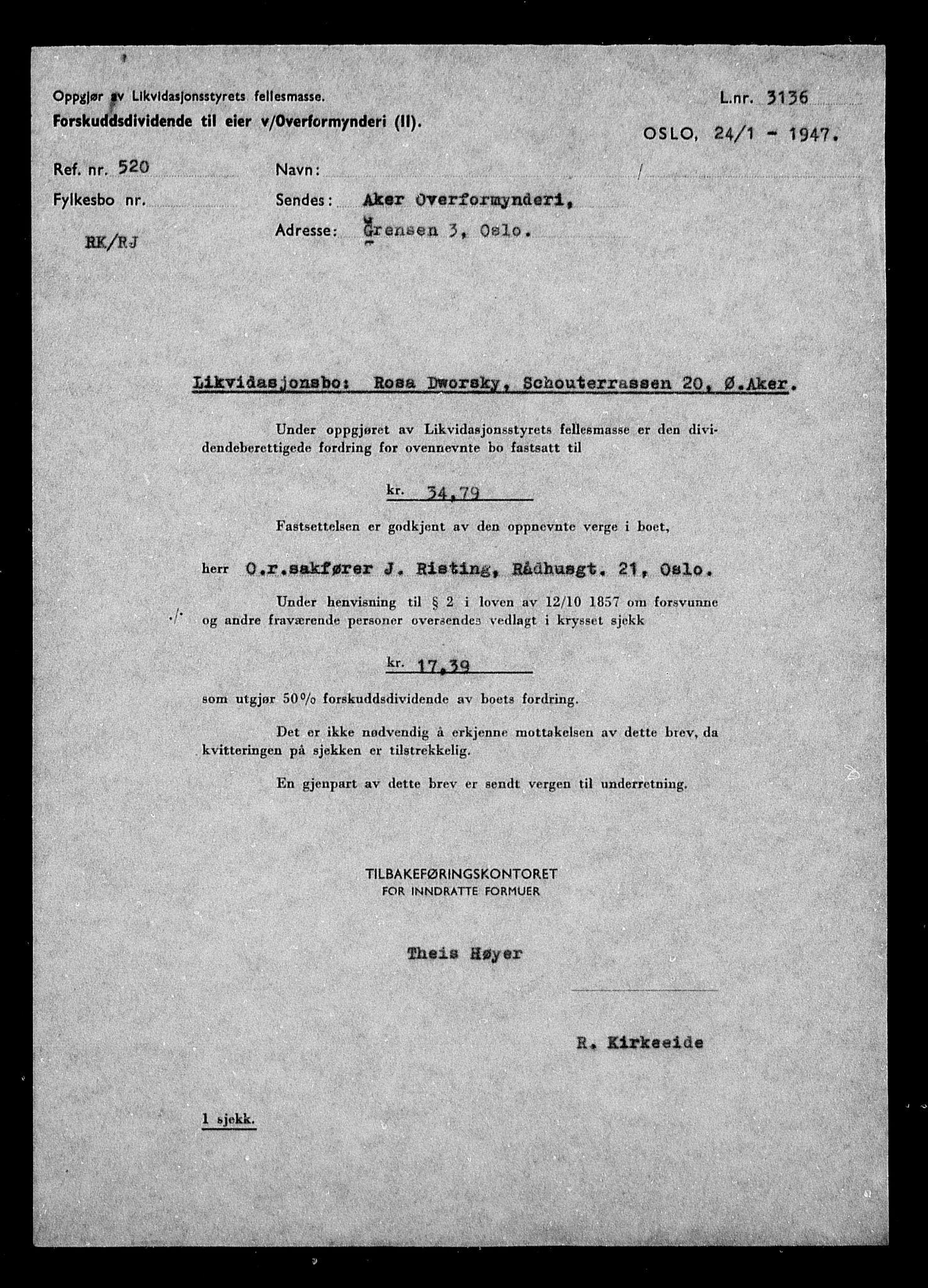Justisdepartementet, Tilbakeføringskontoret for inndratte formuer, AV/RA-S-1564/H/Hc/Hcc/L0932: --, 1945-1947, s. 7