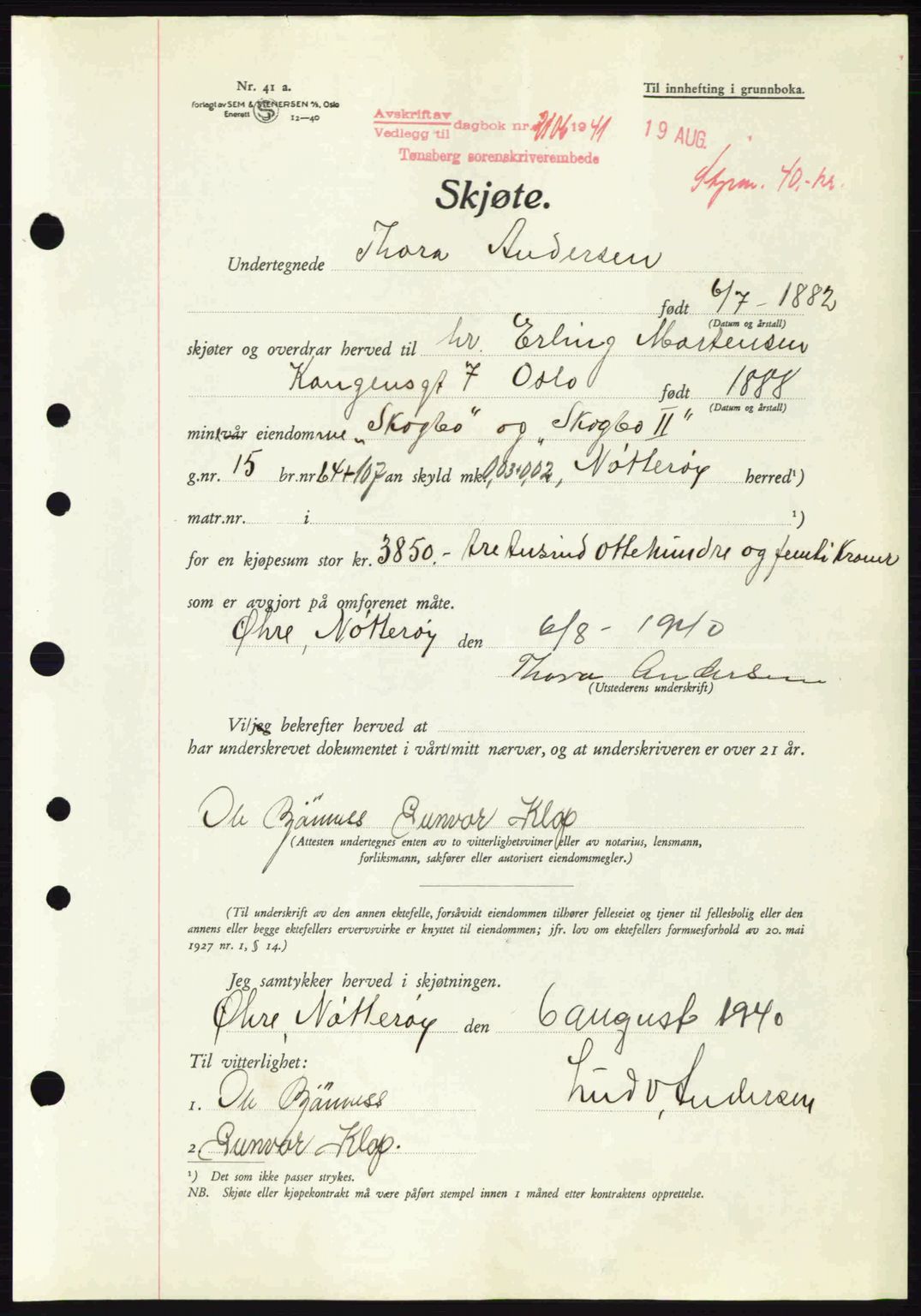 Tønsberg sorenskriveri, AV/SAKO-A-130/G/Ga/Gaa/L0010: Pantebok nr. A10, 1941-1941, Dagboknr: 2106/1941