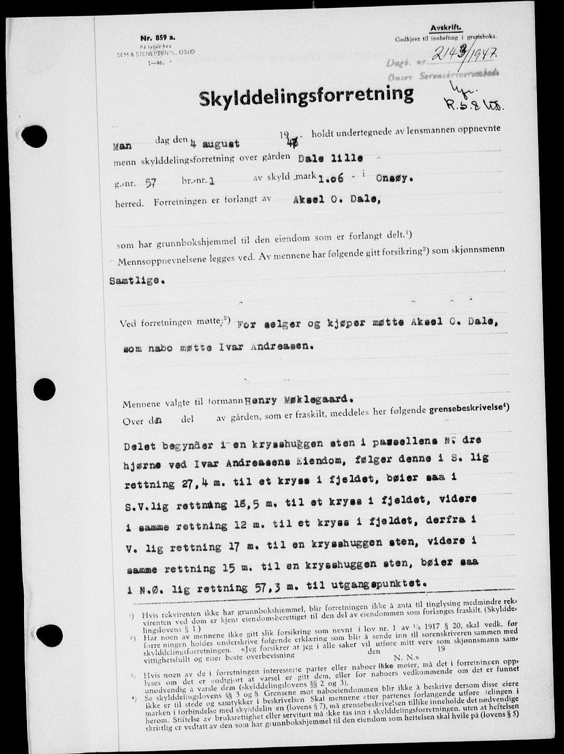 Onsøy sorenskriveri, SAO/A-10474/G/Ga/Gab/L0021: Pantebok nr. II A-21, 1947-1947, Dagboknr: 2143/1947