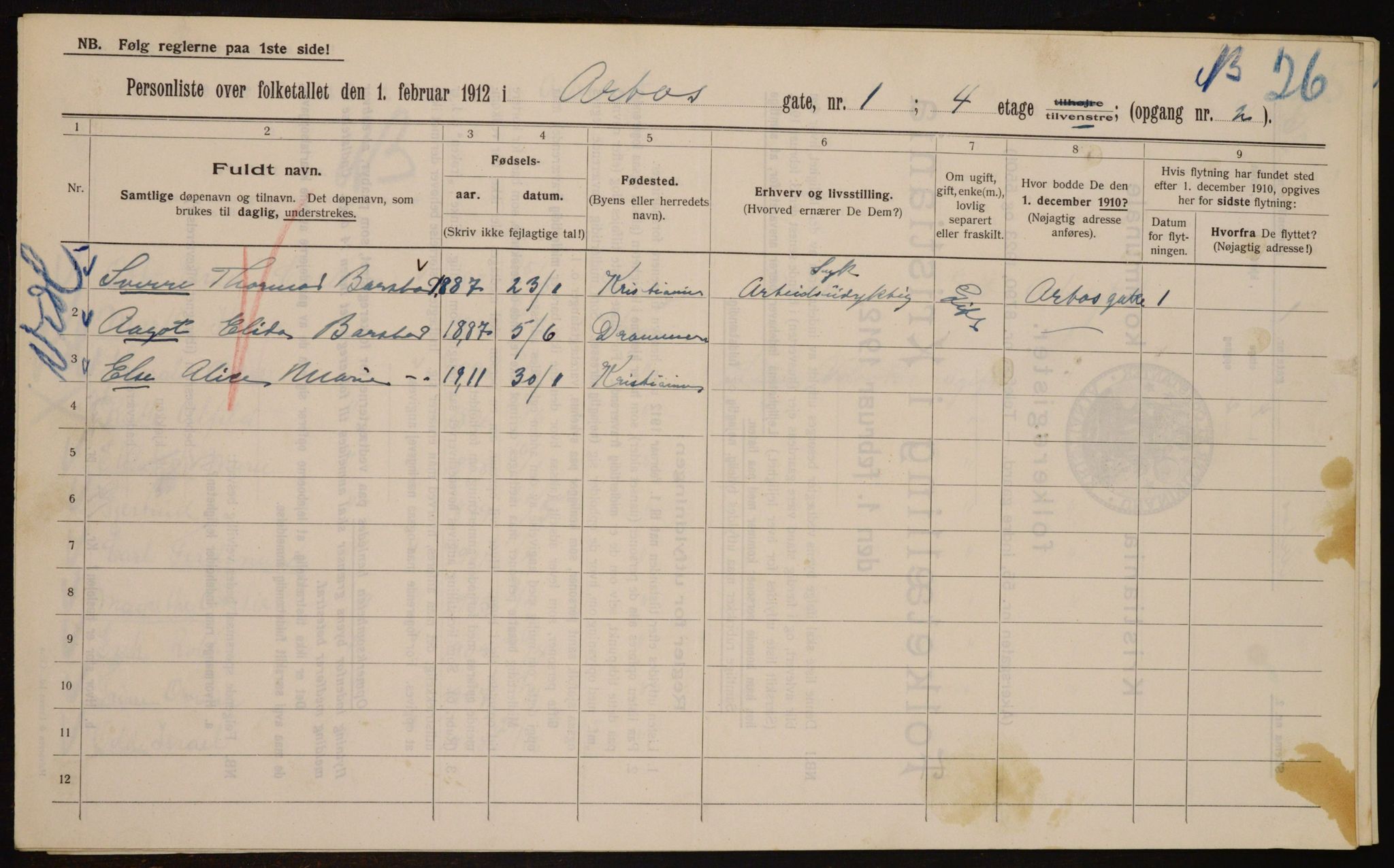 OBA, Kommunal folketelling 1.2.1912 for Kristiania, 1912, s. 1684