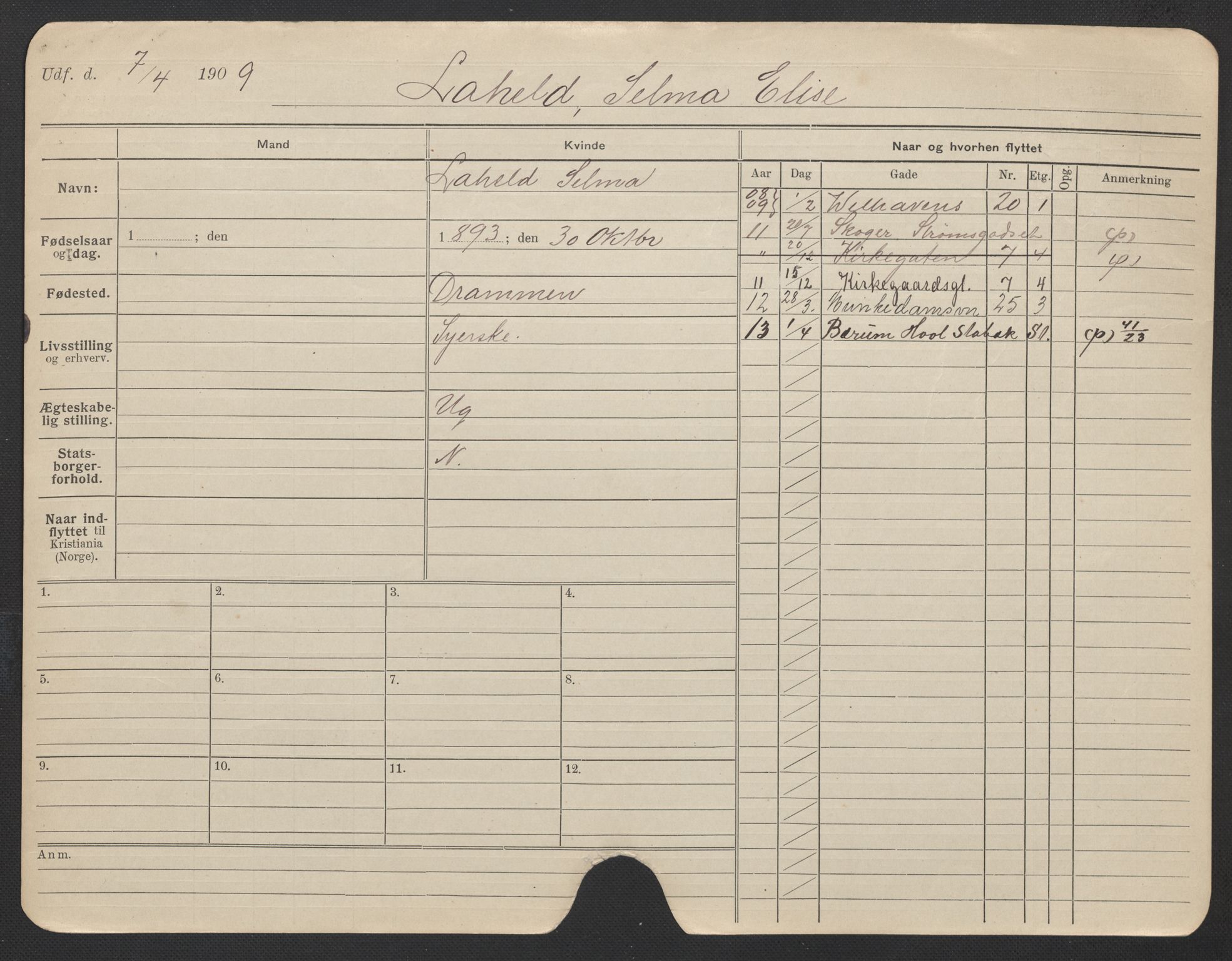 Oslo folkeregister, Registerkort, AV/SAO-A-11715/F/Fa/Fac/L0019: Kvinner, 1906-1914, s. 709a