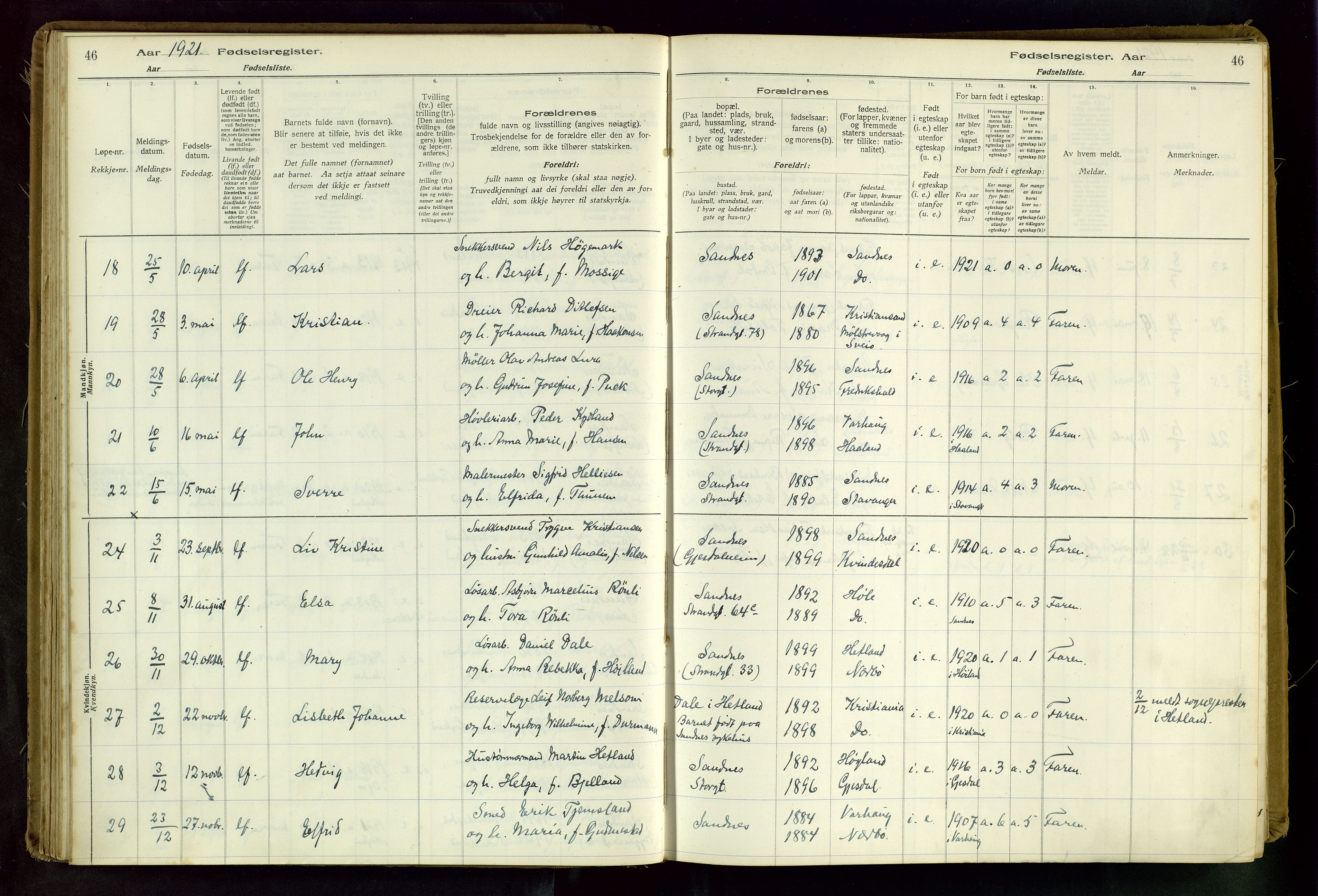 Sandnes sokneprestkontor, AV/SAST-A-101800/704BA/L0001: Fødselsregister nr. 1, 1916-1942, s. 46