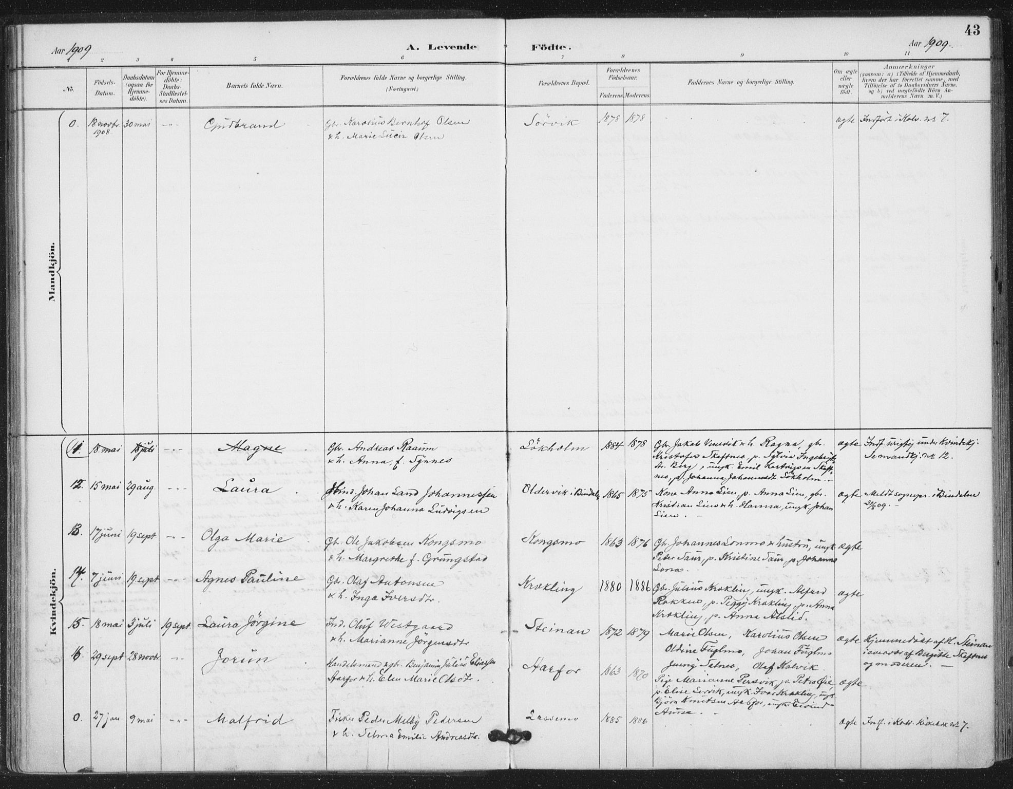 Ministerialprotokoller, klokkerbøker og fødselsregistre - Nord-Trøndelag, SAT/A-1458/783/L0660: Ministerialbok nr. 783A02, 1886-1918, s. 43