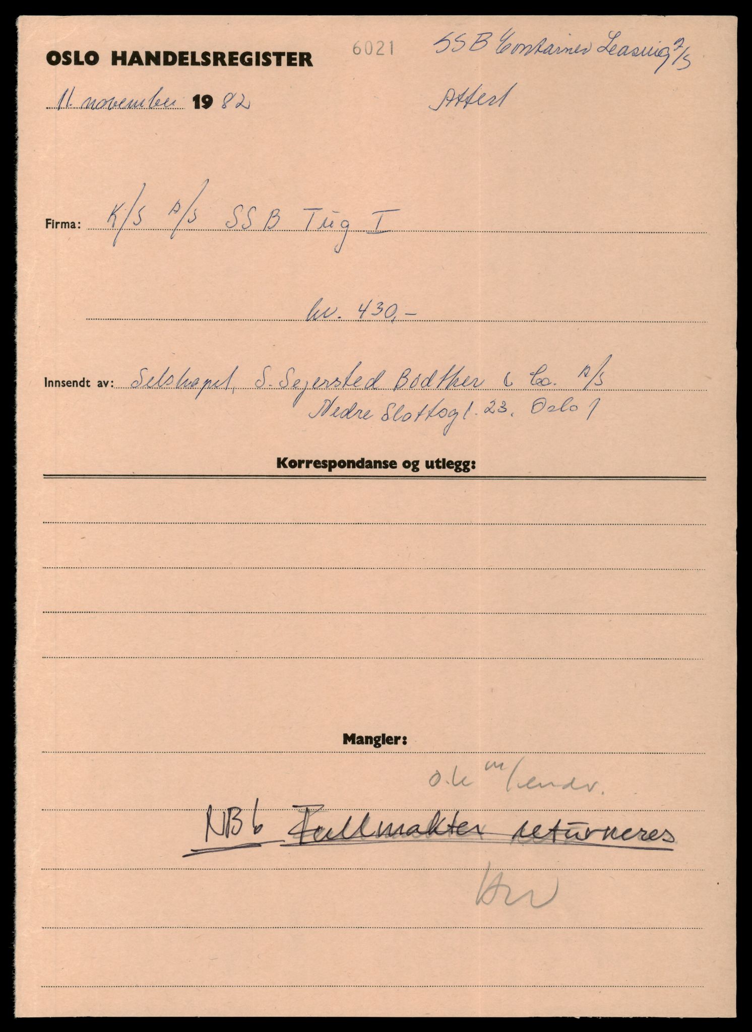 Oslo byfogd, Handelsregisteret, SAT/A-10867/G/Gc/Gca/L0438: Ikke konverterte foretak, K/S.Ss-K/S.T, 1890-1990, s. 1