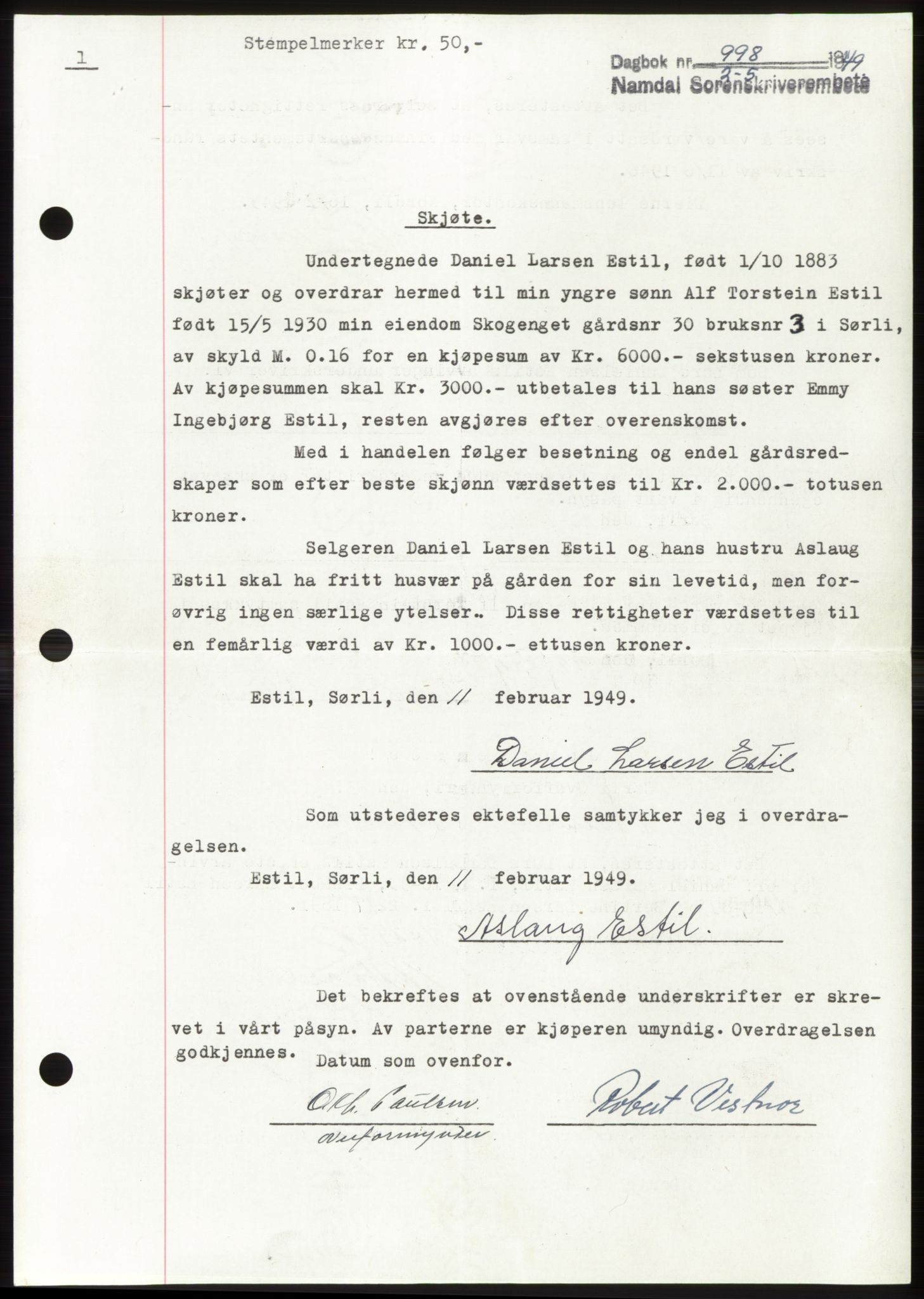 Namdal sorenskriveri, SAT/A-4133/1/2/2C: Pantebok nr. -, 1949-1949, Dagboknr: 998/1949
