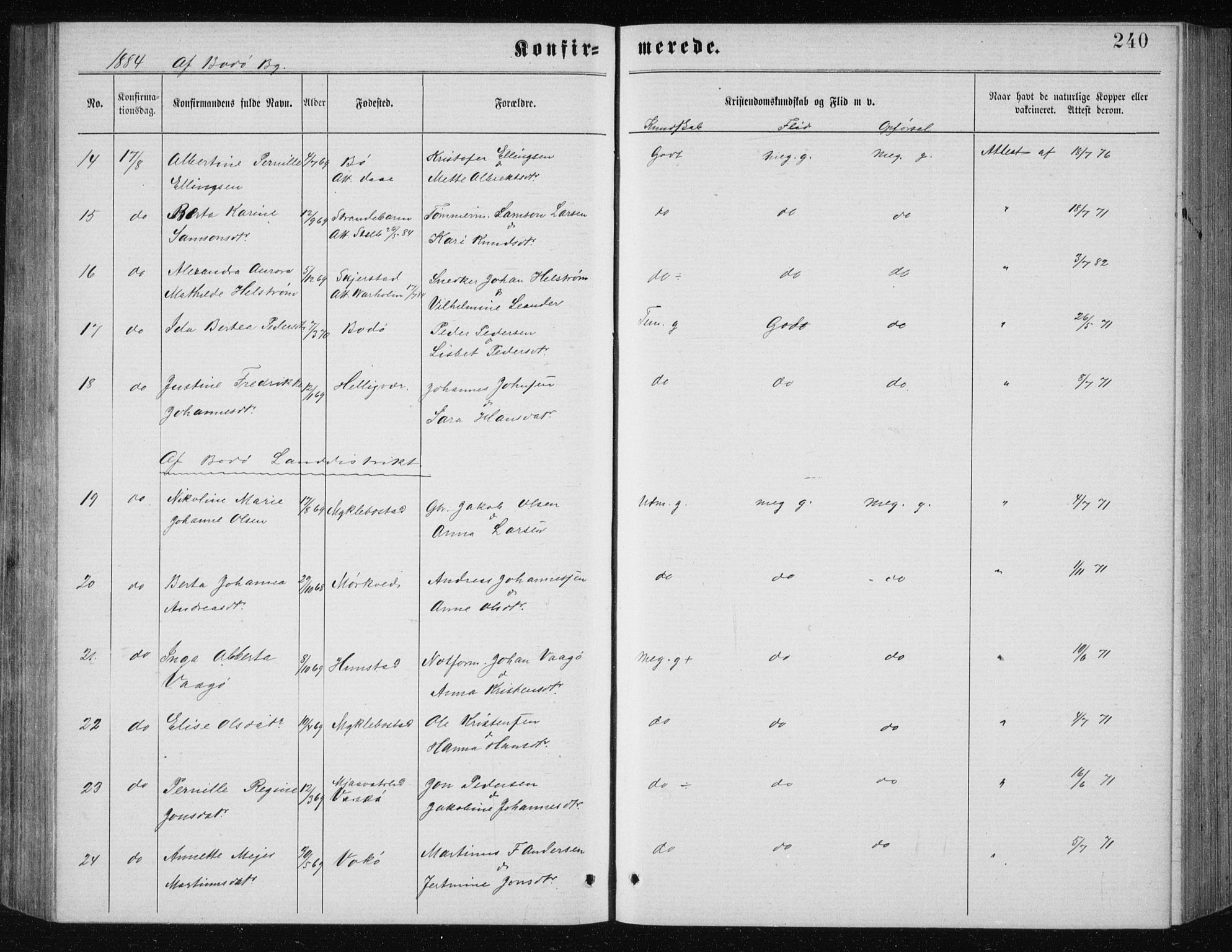 Ministerialprotokoller, klokkerbøker og fødselsregistre - Nordland, AV/SAT-A-1459/801/L0031: Klokkerbok nr. 801C06, 1883-1887, s. 240