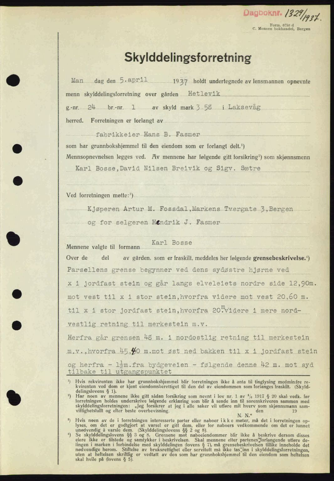 Midhordland sorenskriveri, SAB/A-3001/1/G/Gb/Gbk/L0001: Pantebok nr. A1-6, 1936-1937, Dagboknr: 1329/1937