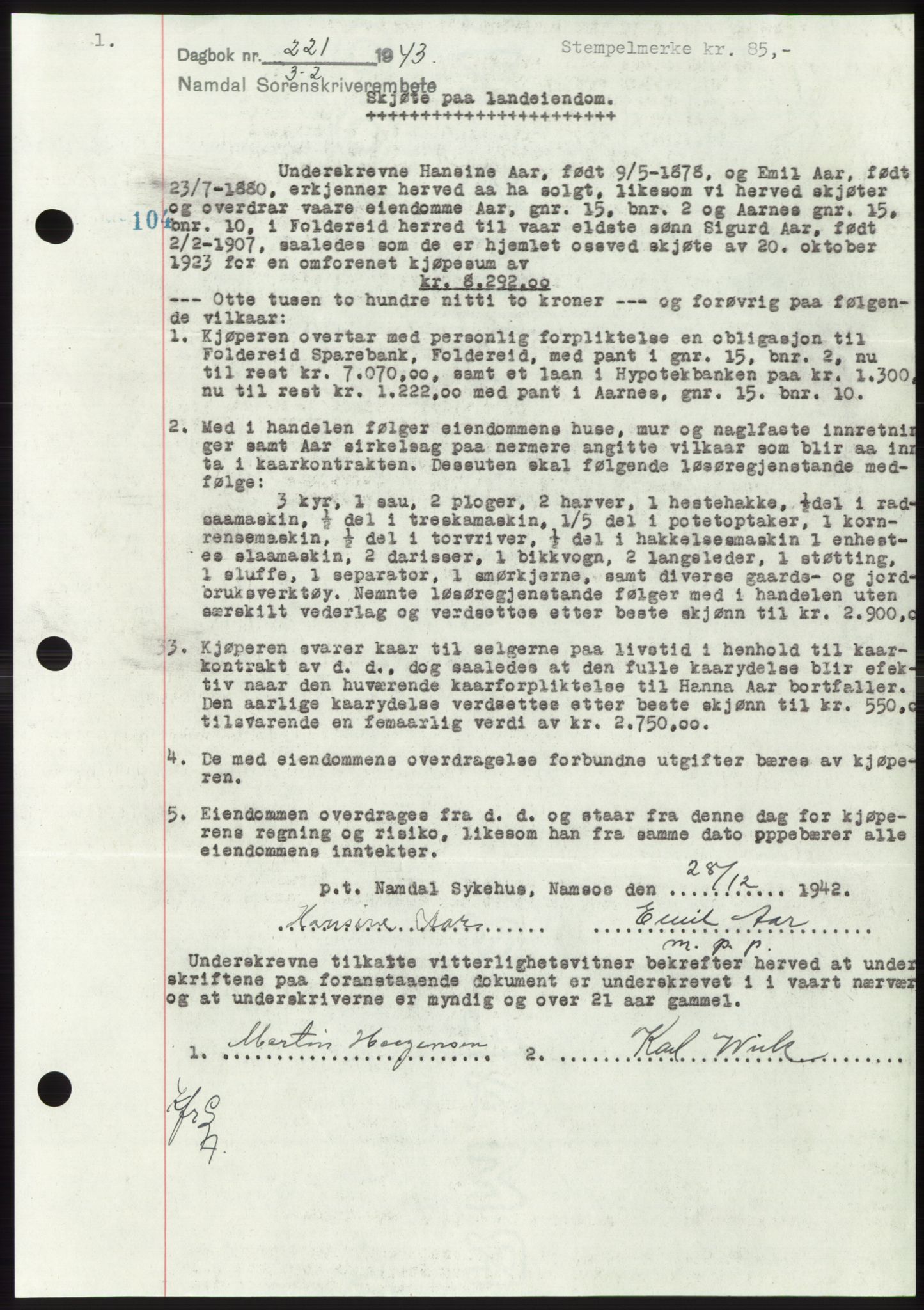 Namdal sorenskriveri, SAT/A-4133/1/2/2C: Pantebok nr. -, 1942-1943, Dagboknr: 221/1943