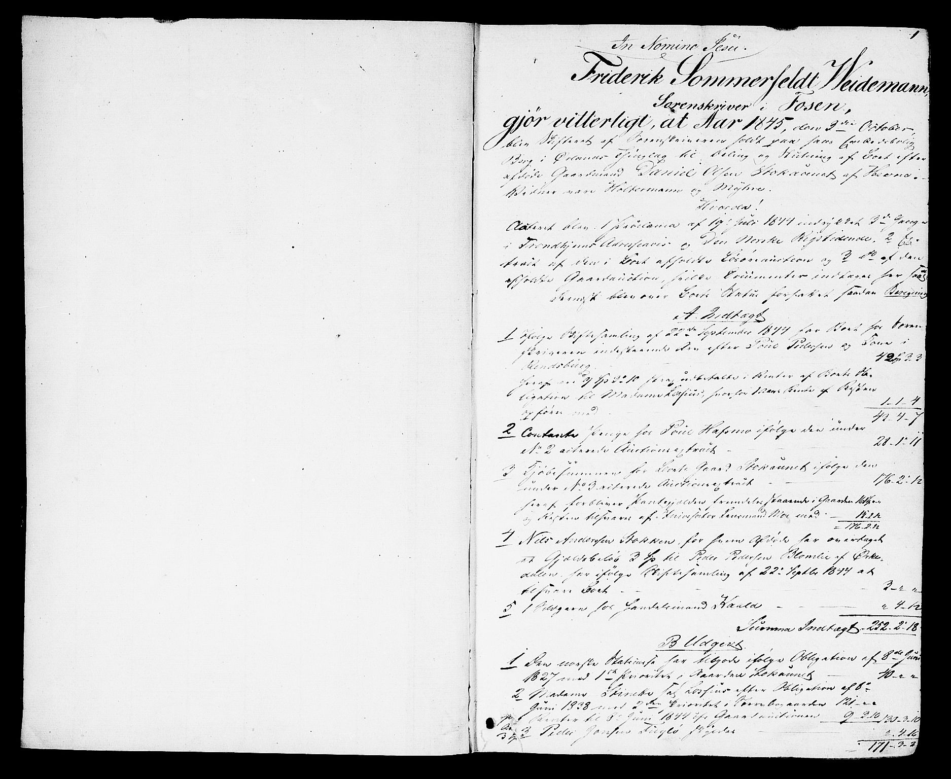 Fosen sorenskriveri, AV/SAT-A-1107/1/3/3A/L0022: Skifteutlodningsprotokoll nr. 1, 1845-1853, s. 1