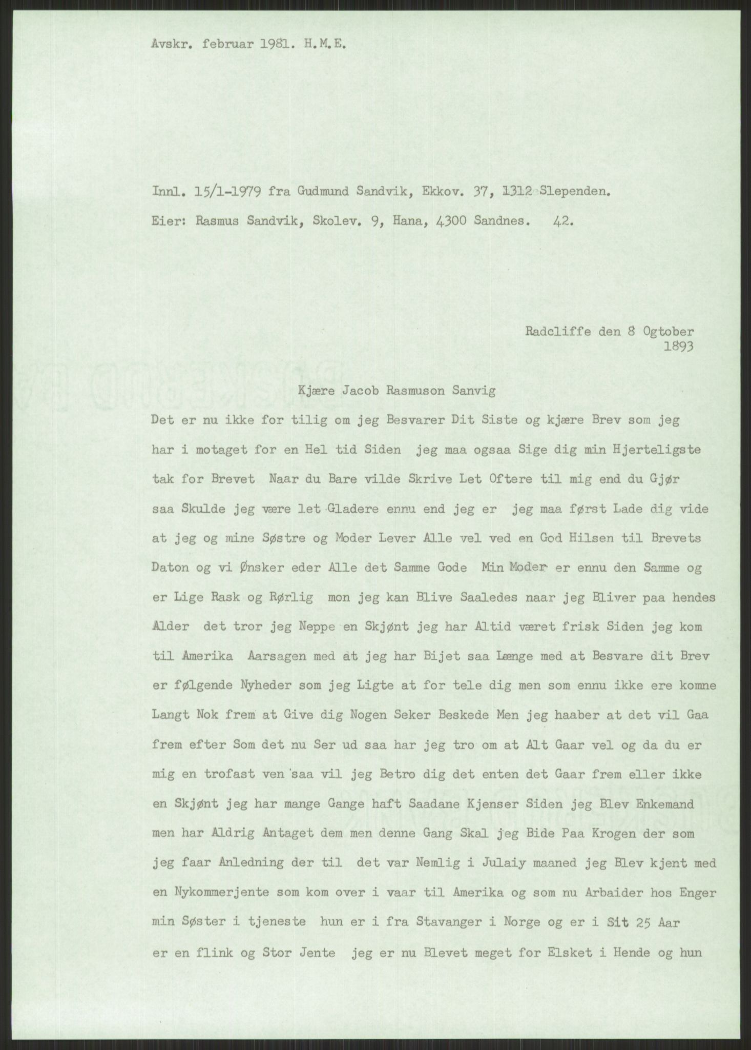 Samlinger til kildeutgivelse, Amerikabrevene, AV/RA-EA-4057/F/L0032: Innlån fra Hordaland: Nesheim - Øverland, 1838-1914, s. 937