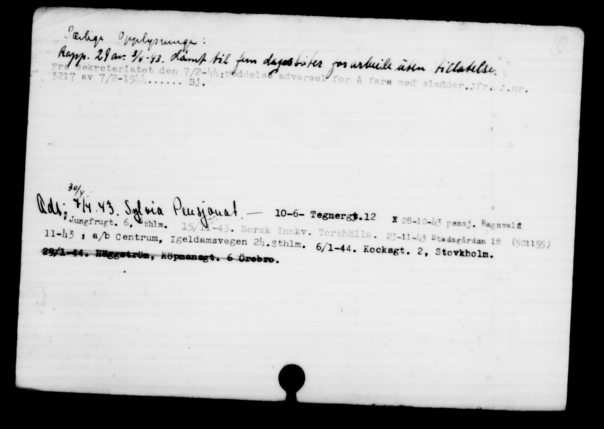Utenriksstasjonene, Legasjonen i Stockholm, Flyktningkontoret, AV/RA-S-6753/V/Va/L0001: Kjesäterkartoteket, flyktninger med registreringsnr. 1-1000, 1940-1945, s. 240