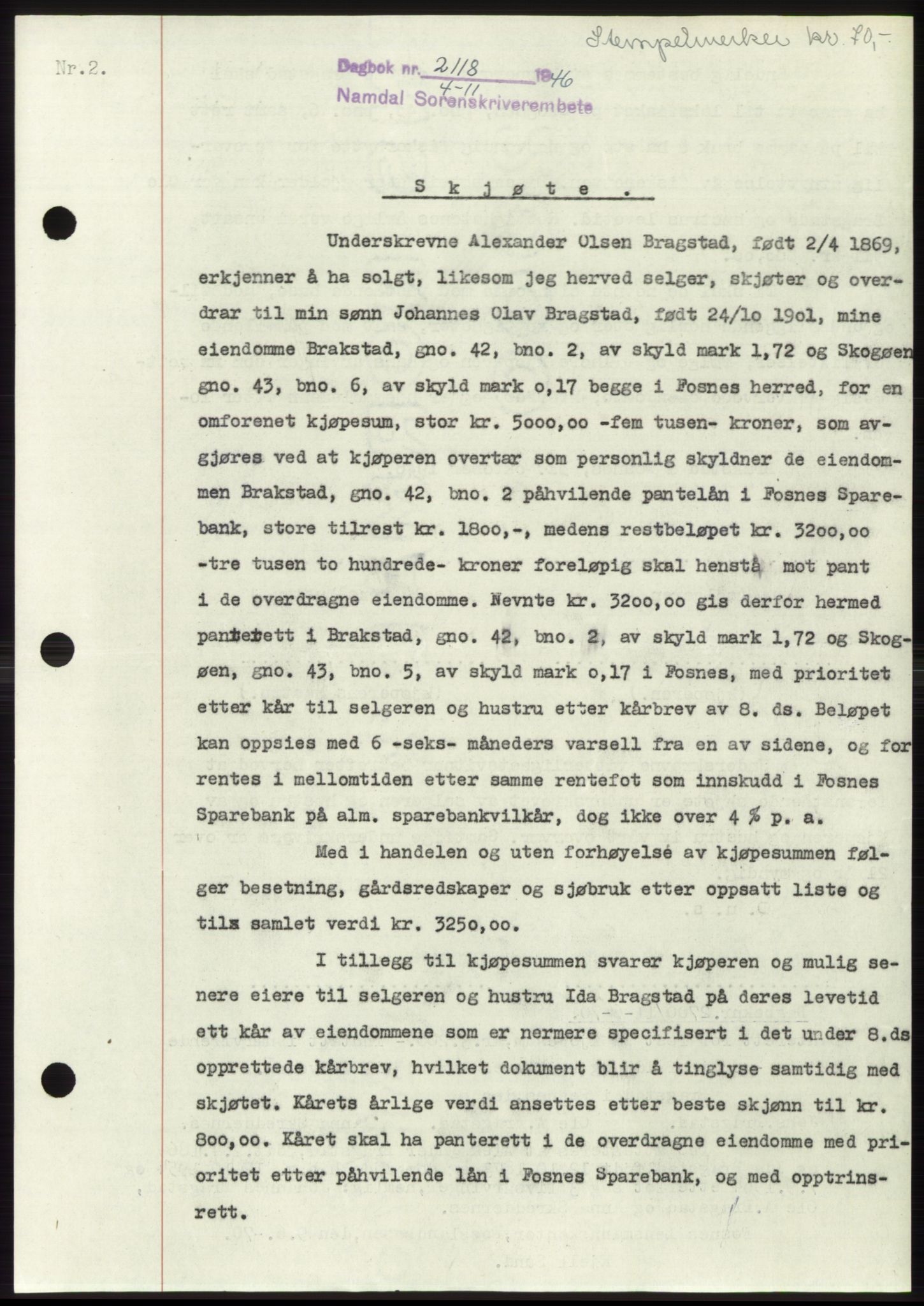 Namdal sorenskriveri, SAT/A-4133/1/2/2C: Pantebok nr. -, 1946-1947, Dagboknr: 2118/1946