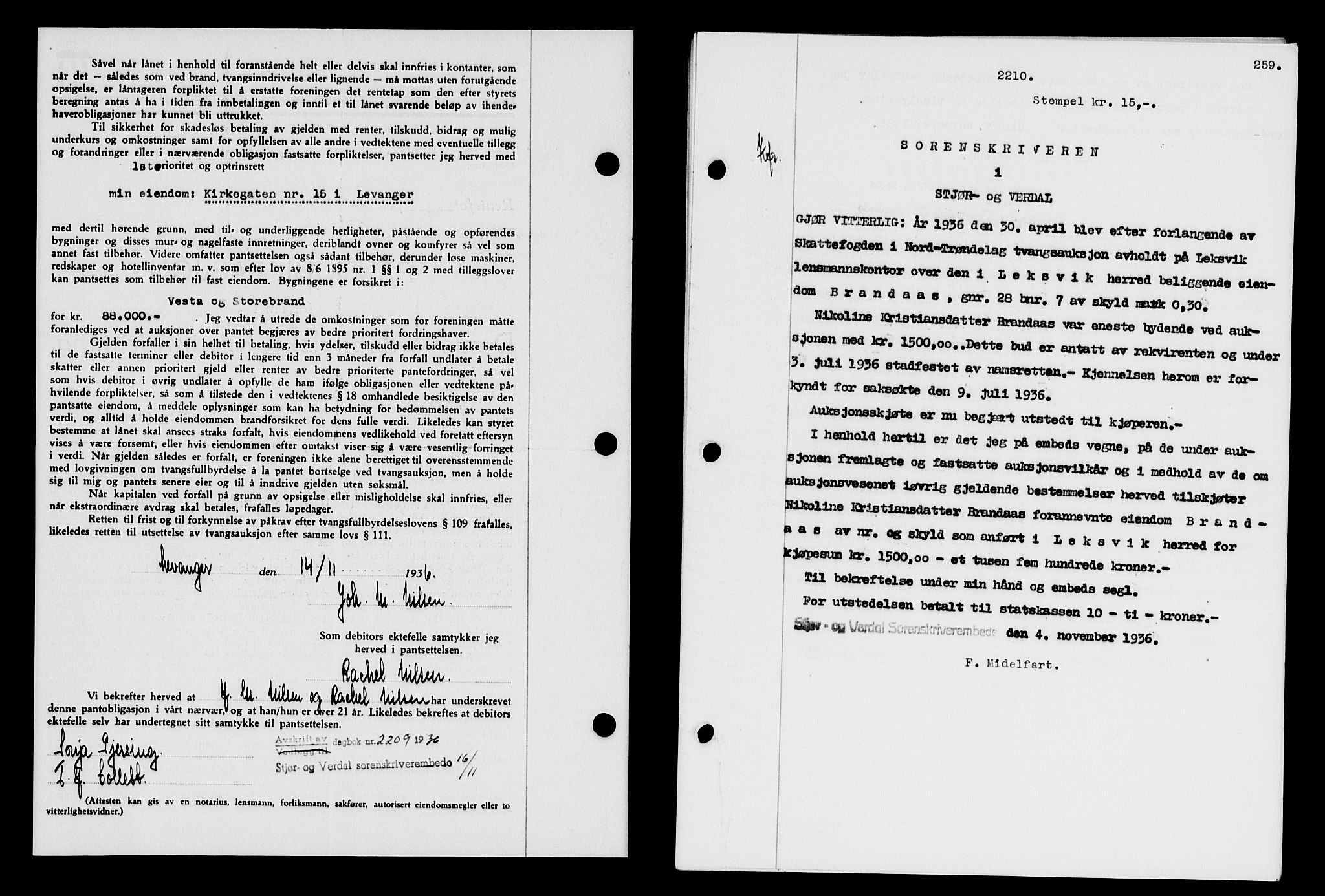 Stjør- og Verdal sorenskriveri, SAT/A-4167/1/2/2C/L0078: Pantebok nr. 46, 1936-1937, Dagboknr: 2210/1936