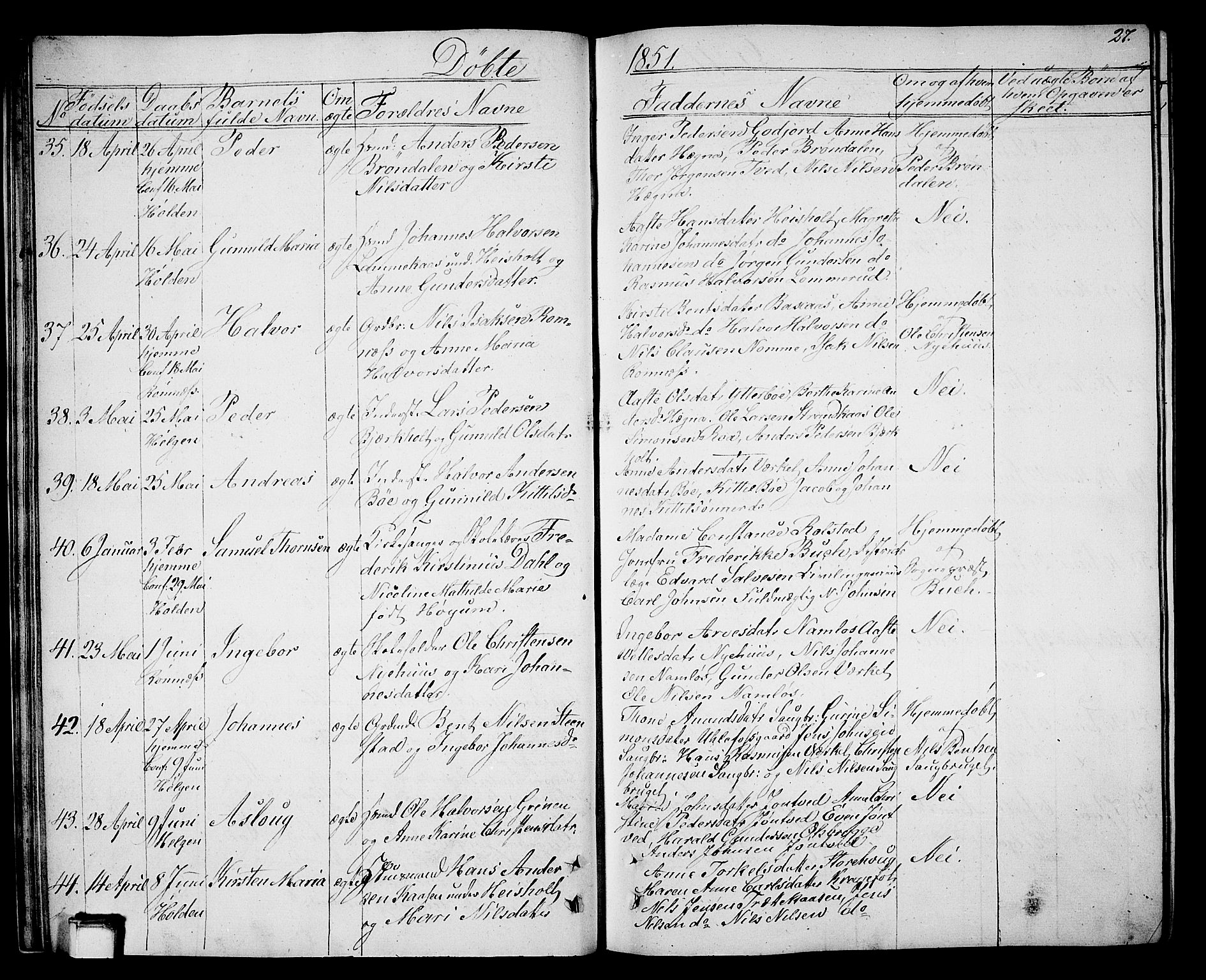 Holla kirkebøker, AV/SAKO-A-272/G/Ga/L0003: Klokkerbok nr. I 3, 1849-1866, s. 27
