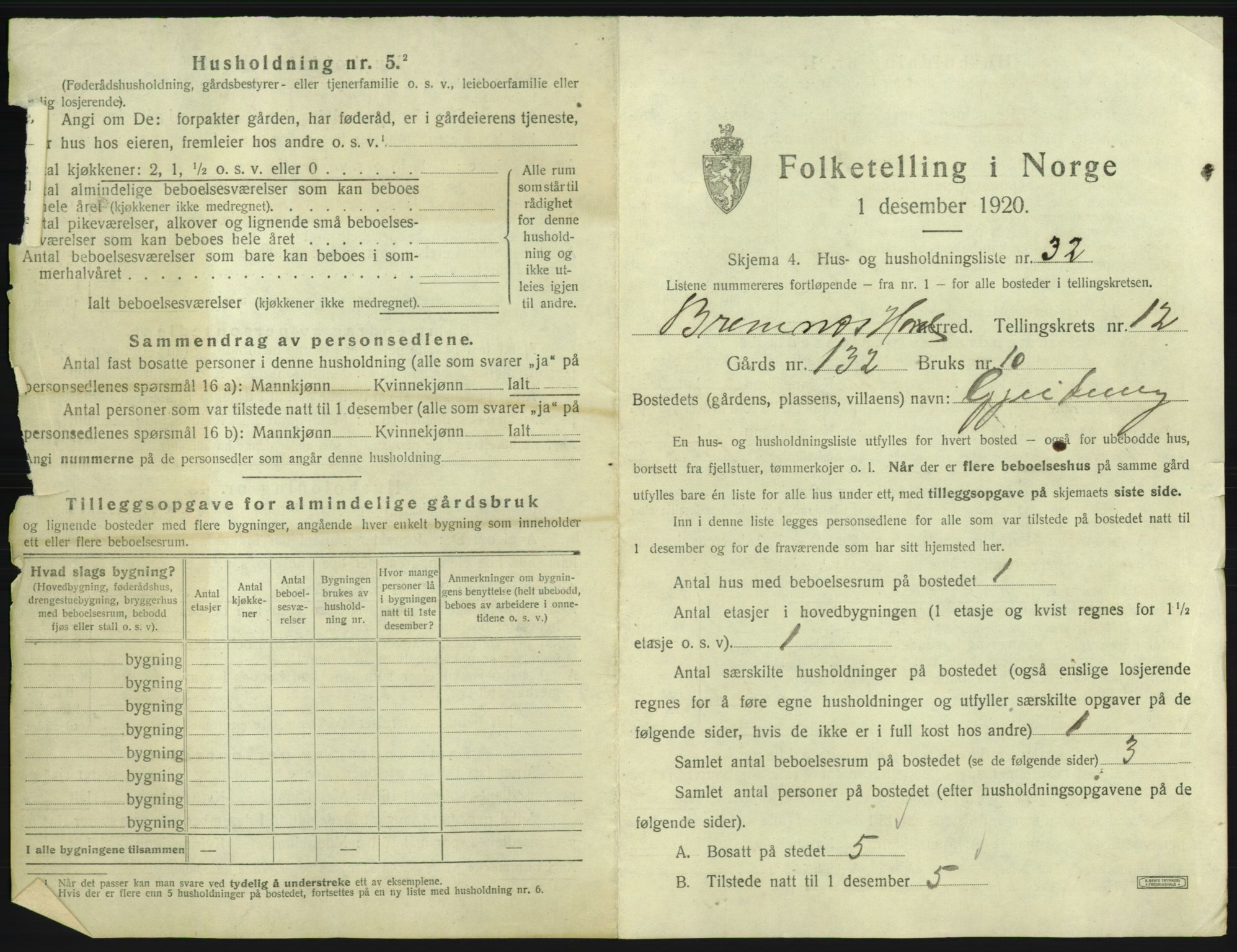 SAB, Folketelling 1920 for 1220 Bremnes herred, 1920, s. 1088