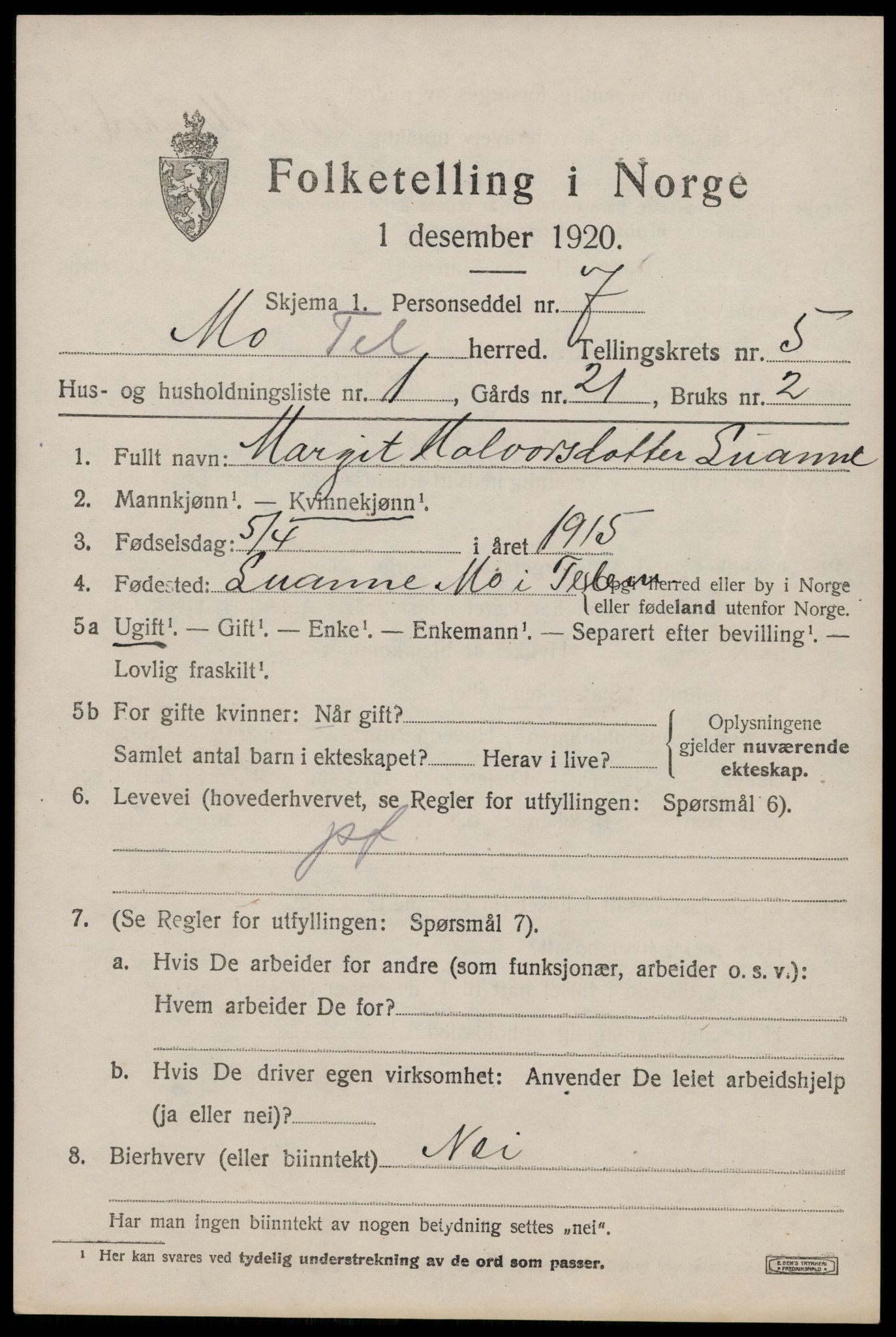 SAKO, Folketelling 1920 for 0832 Mo herred, 1920, s. 2006