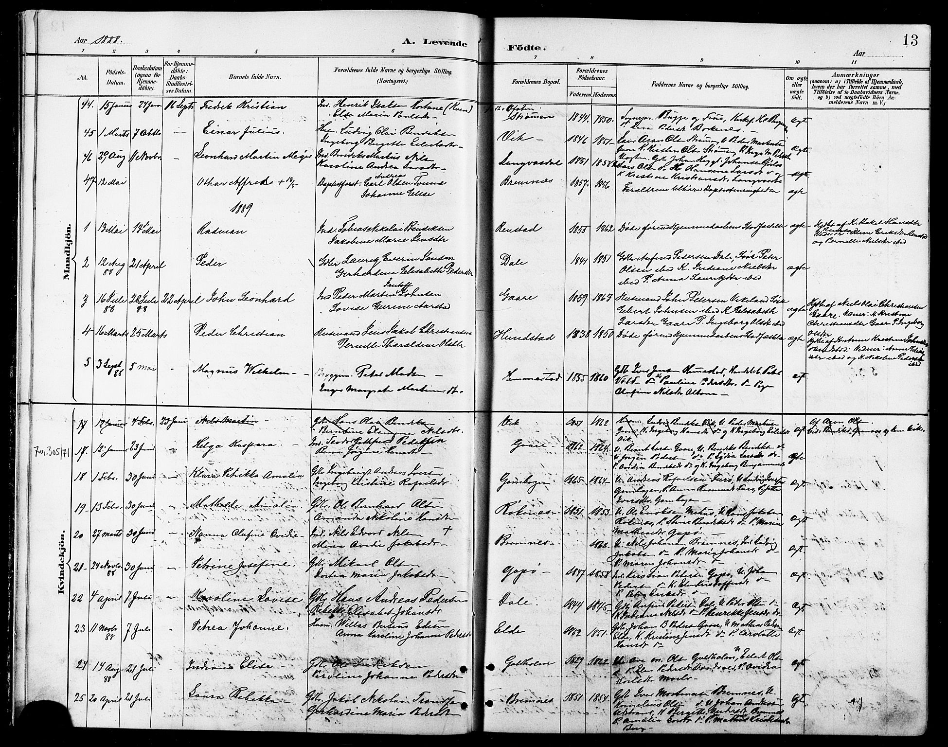 Kvæfjord sokneprestkontor, AV/SATØ-S-1323/G/Ga/Gab/L0005klokker: Klokkerbok nr. 5, 1886-1911, s. 13