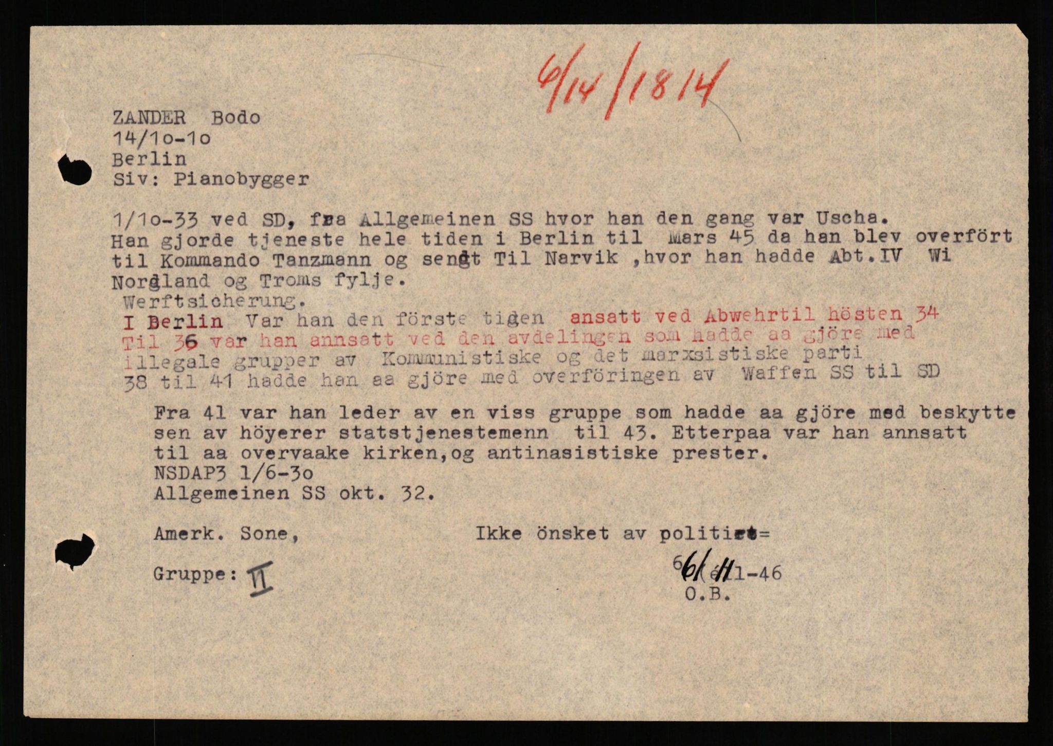 Forsvaret, Forsvarets overkommando II, AV/RA-RAFA-3915/D/Db/L0037: CI Questionaires. Tyske okkupasjonsstyrker i Norge. Tyskere., 1945-1946, s. 48