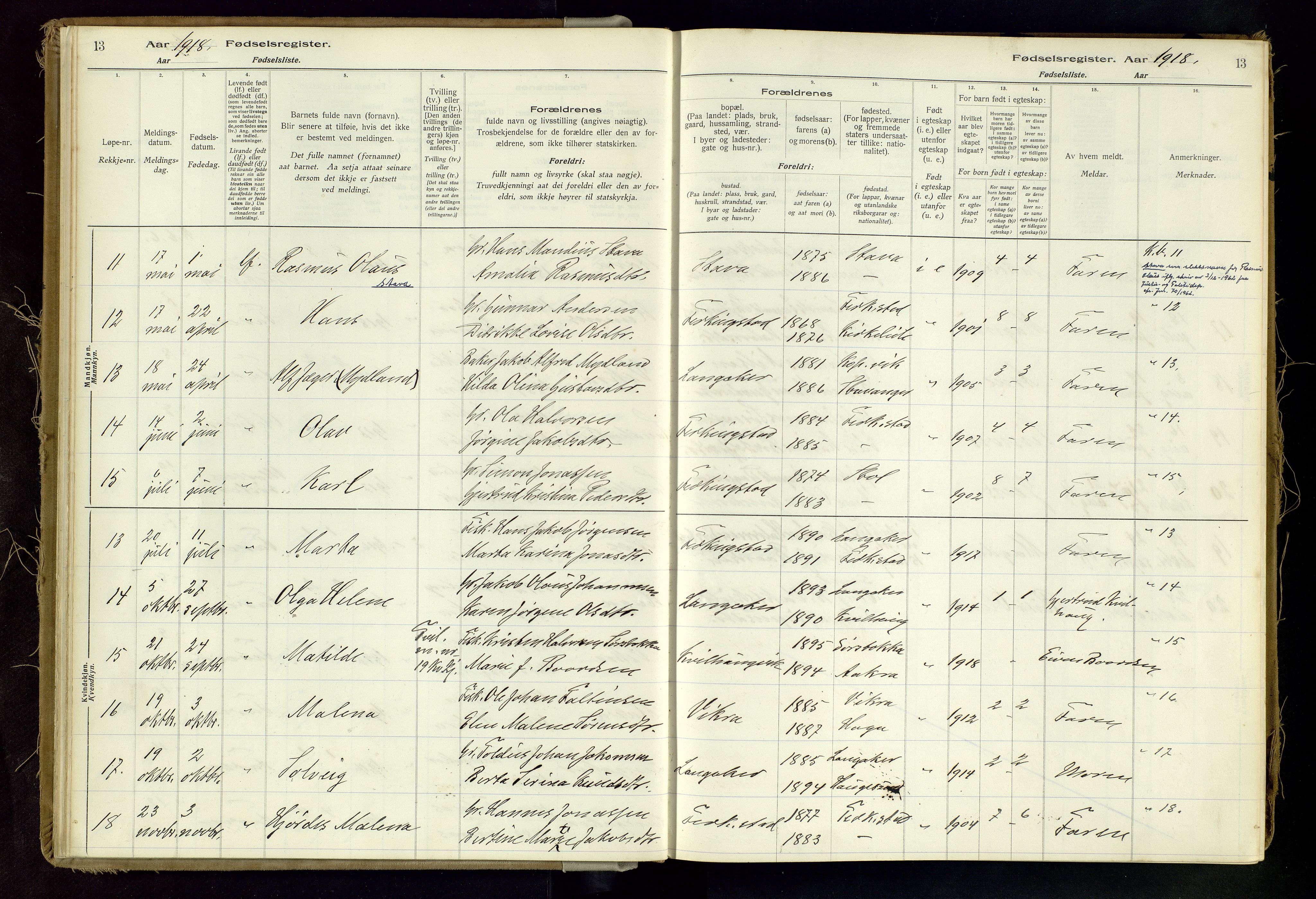 Skudenes sokneprestkontor, SAST/A -101849/I/Id/L0002: Fødselsregister nr. 2, 1916-1962, s. 13