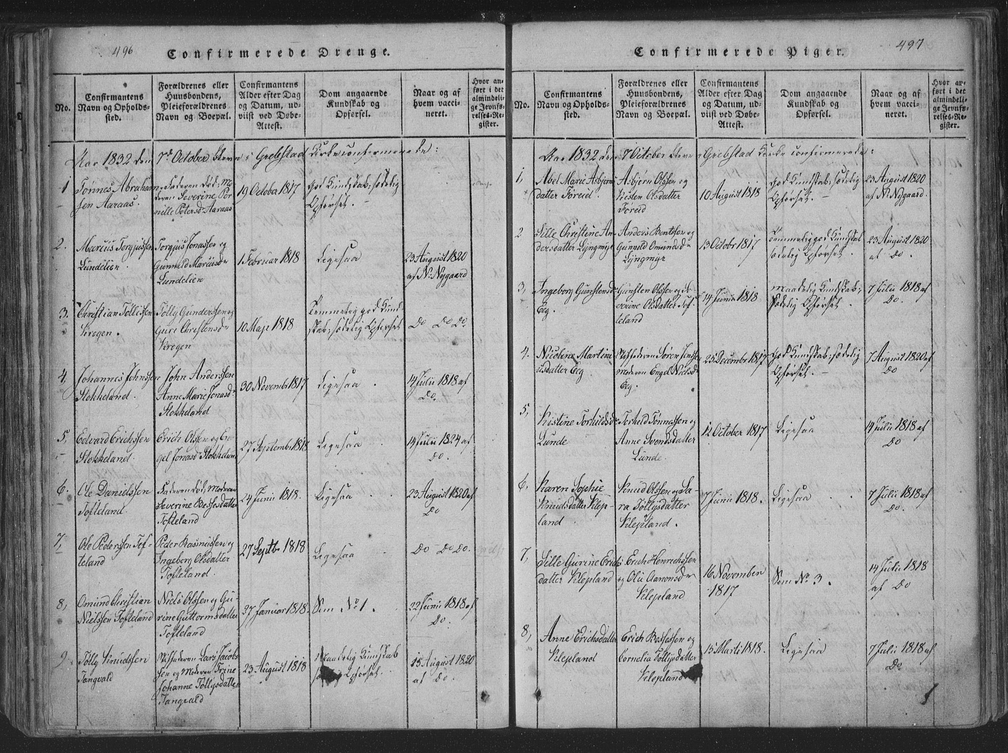 Søgne sokneprestkontor, AV/SAK-1111-0037/F/Fa/Fab/L0008: Ministerialbok nr. A 8, 1821-1838, s. 496-497
