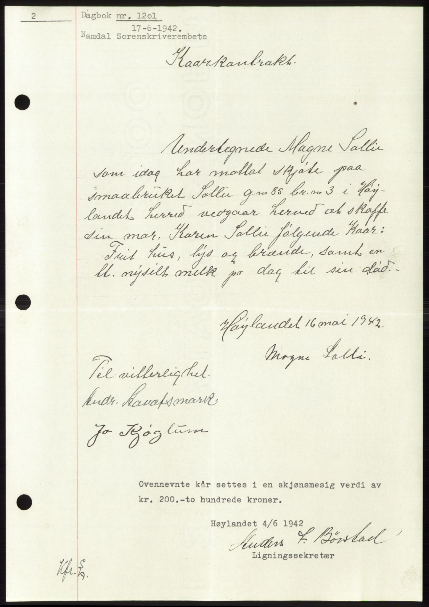 Namdal sorenskriveri, SAT/A-4133/1/2/2C: Pantebok nr. -, 1941-1942, Dagboknr: 1201/1942