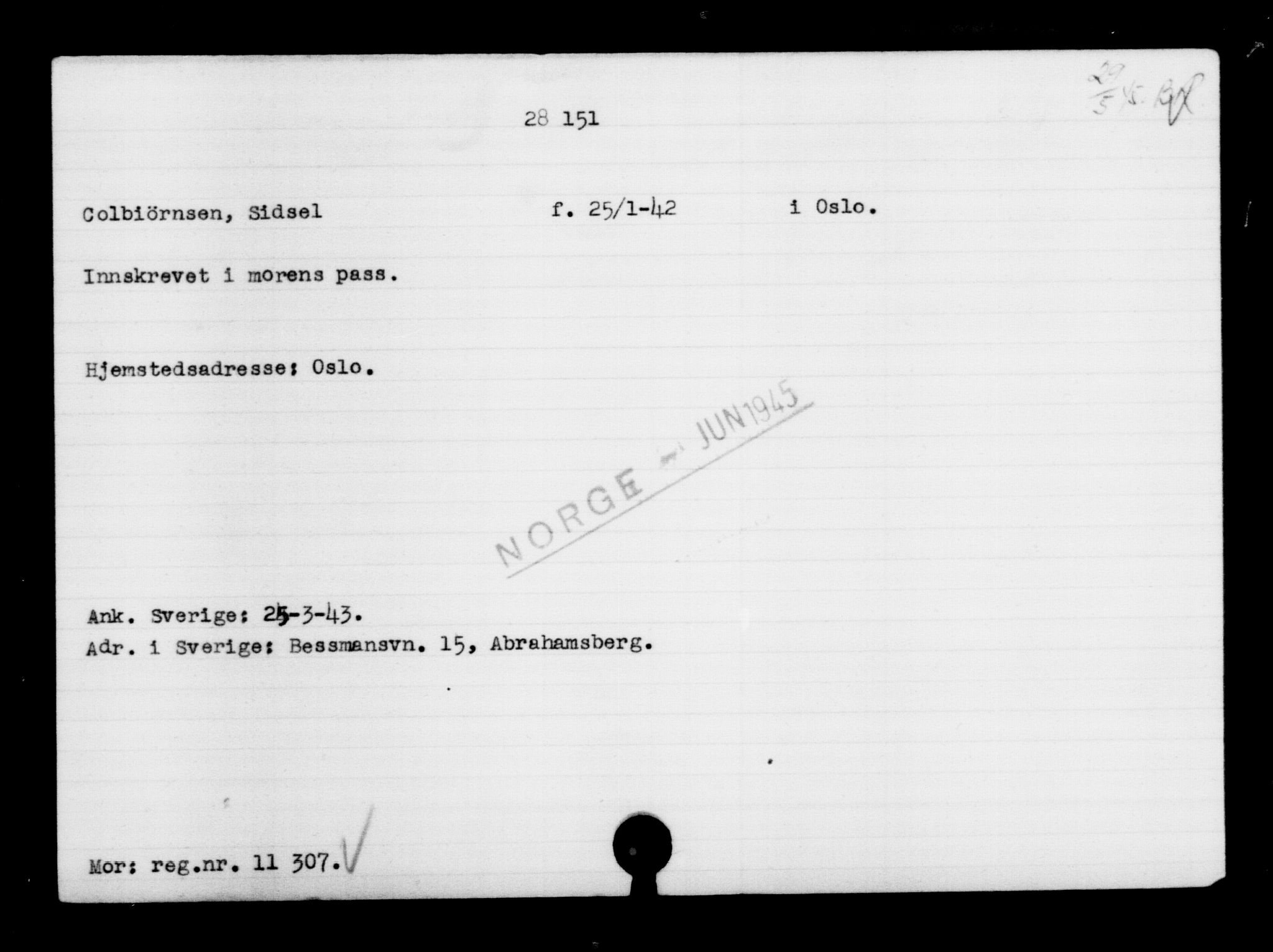 Den Kgl. Norske Legasjons Flyktningskontor, AV/RA-S-6753/V/Va/L0011: Kjesäterkartoteket.  Flyktningenr. 25300-28349, 1940-1945, s. 3034
