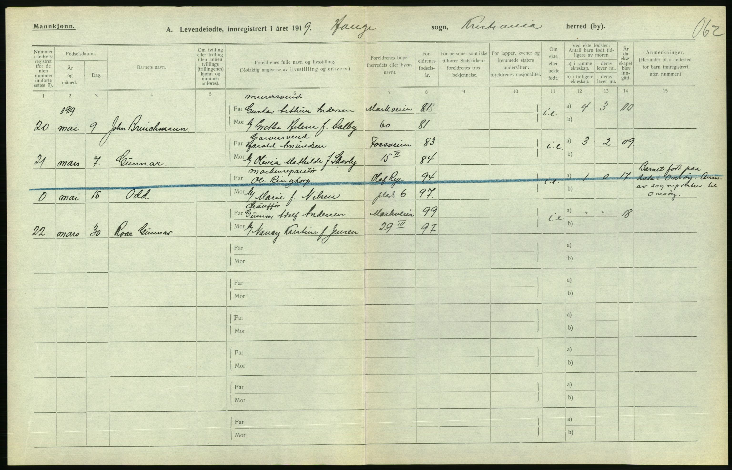 Statistisk sentralbyrå, Sosiodemografiske emner, Befolkning, AV/RA-S-2228/D/Df/Dfb/Dfbi/L0008: Kristiania: Levendefødte menn og kvinner., 1919