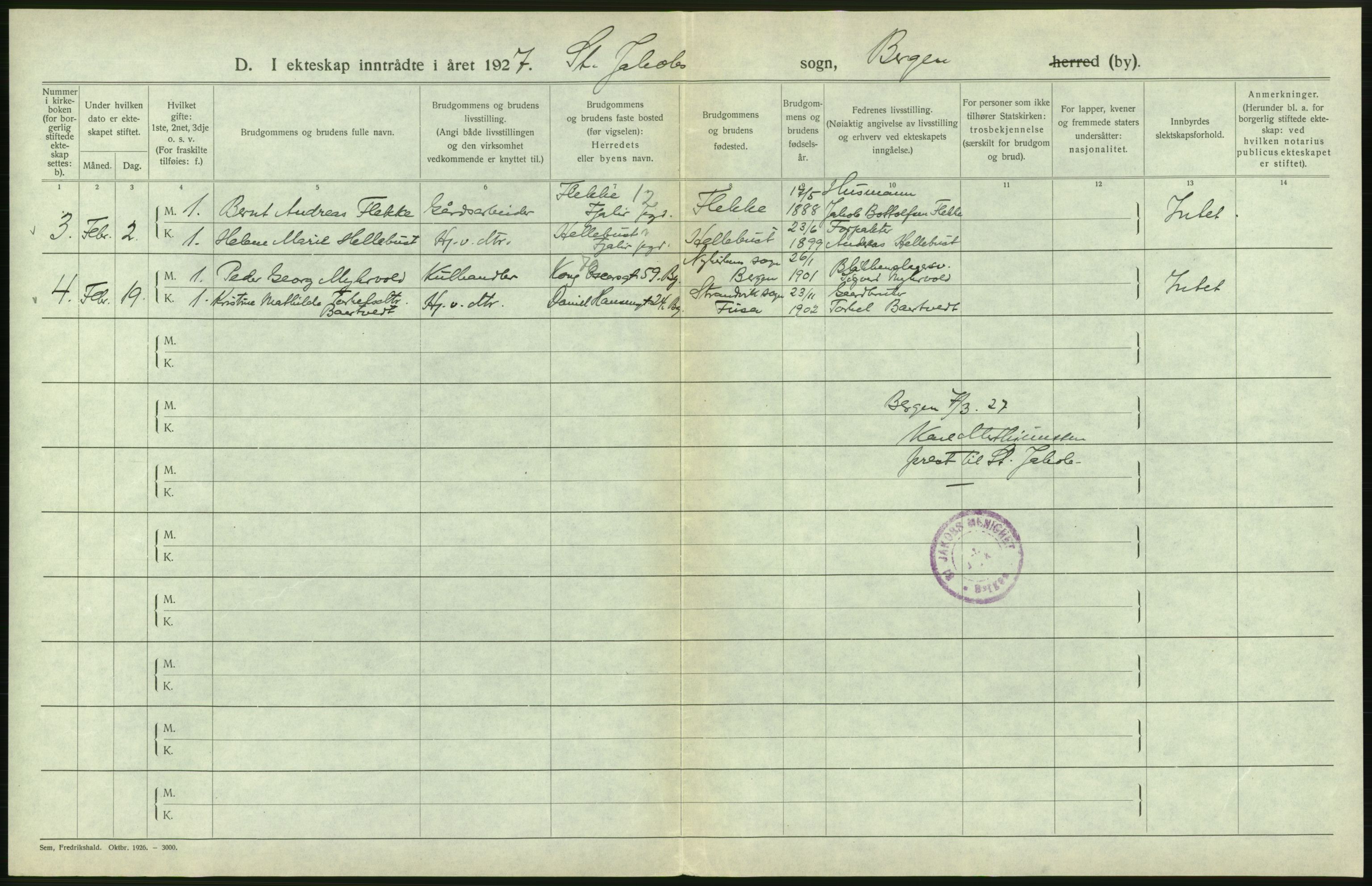 Statistisk sentralbyrå, Sosiodemografiske emner, Befolkning, AV/RA-S-2228/D/Df/Dfc/Dfcg/L0028: Bergen: Gifte, døde., 1927, s. 274