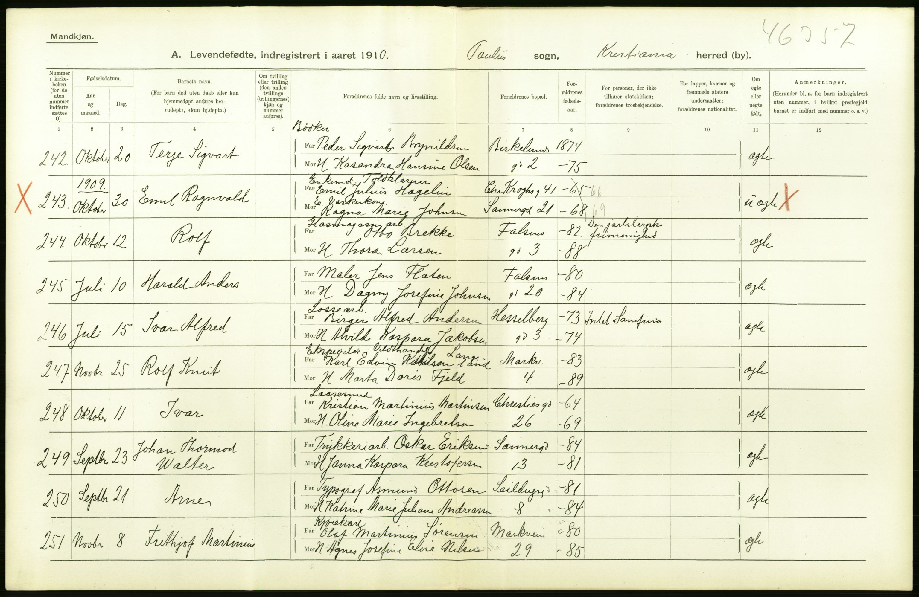 Statistisk sentralbyrå, Sosiodemografiske emner, Befolkning, AV/RA-S-2228/D/Df/Dfa/Dfah/L0006: Kristiania: Levendefødte menn., 1910, s. 250