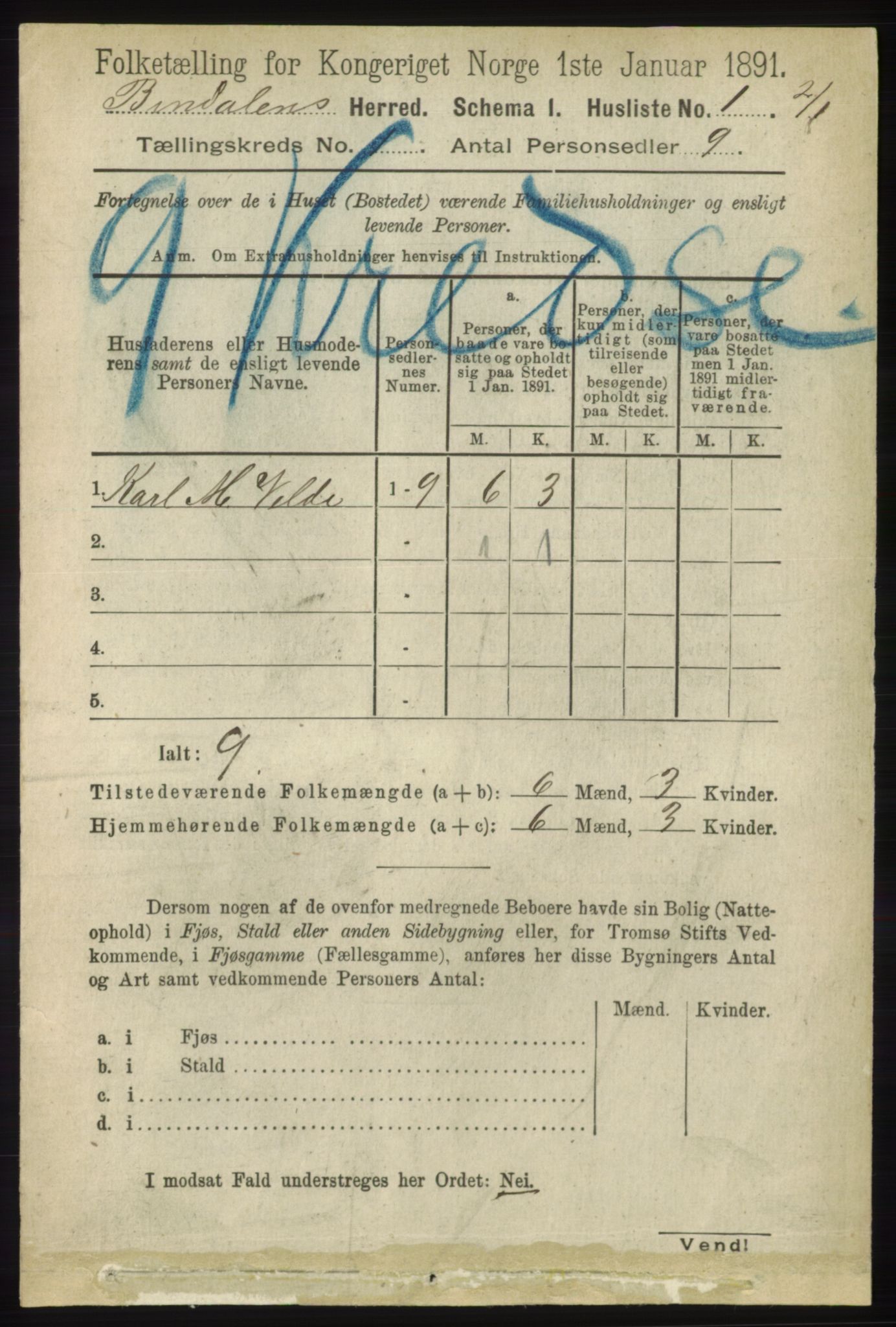 RA, Folketelling 1891 for 1811 Bindal herred, 1891, s. 27