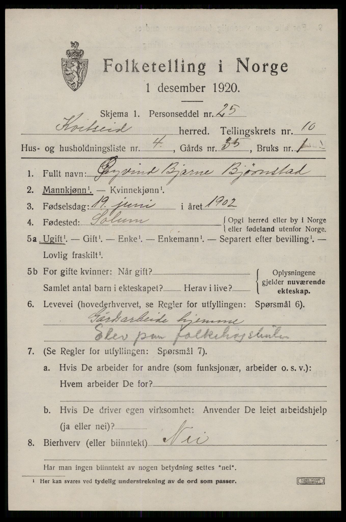 SAKO, Folketelling 1920 for 0829 Kviteseid herred, 1920, s. 4737